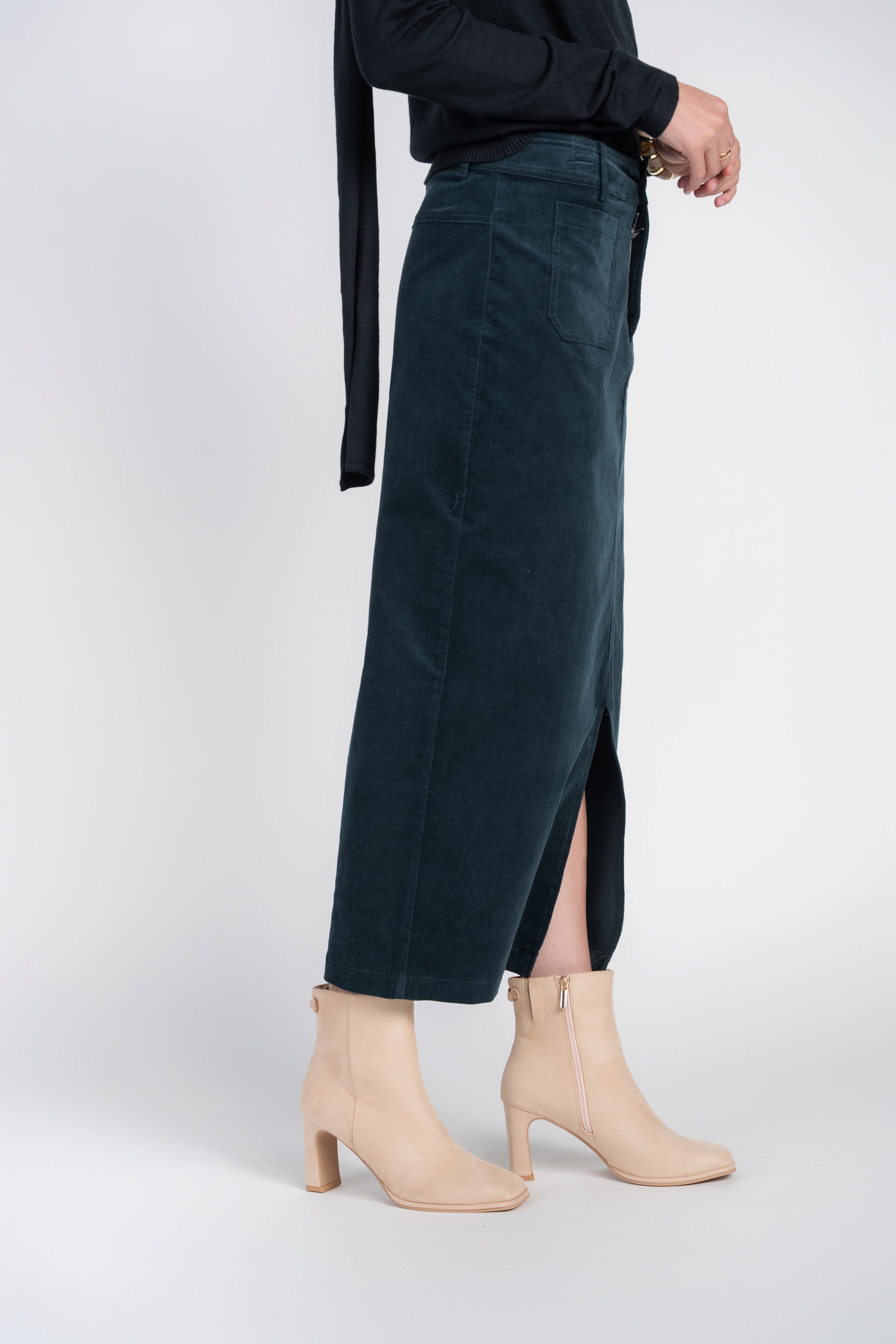 Pocket Midi Skirt- Teal Corduroy