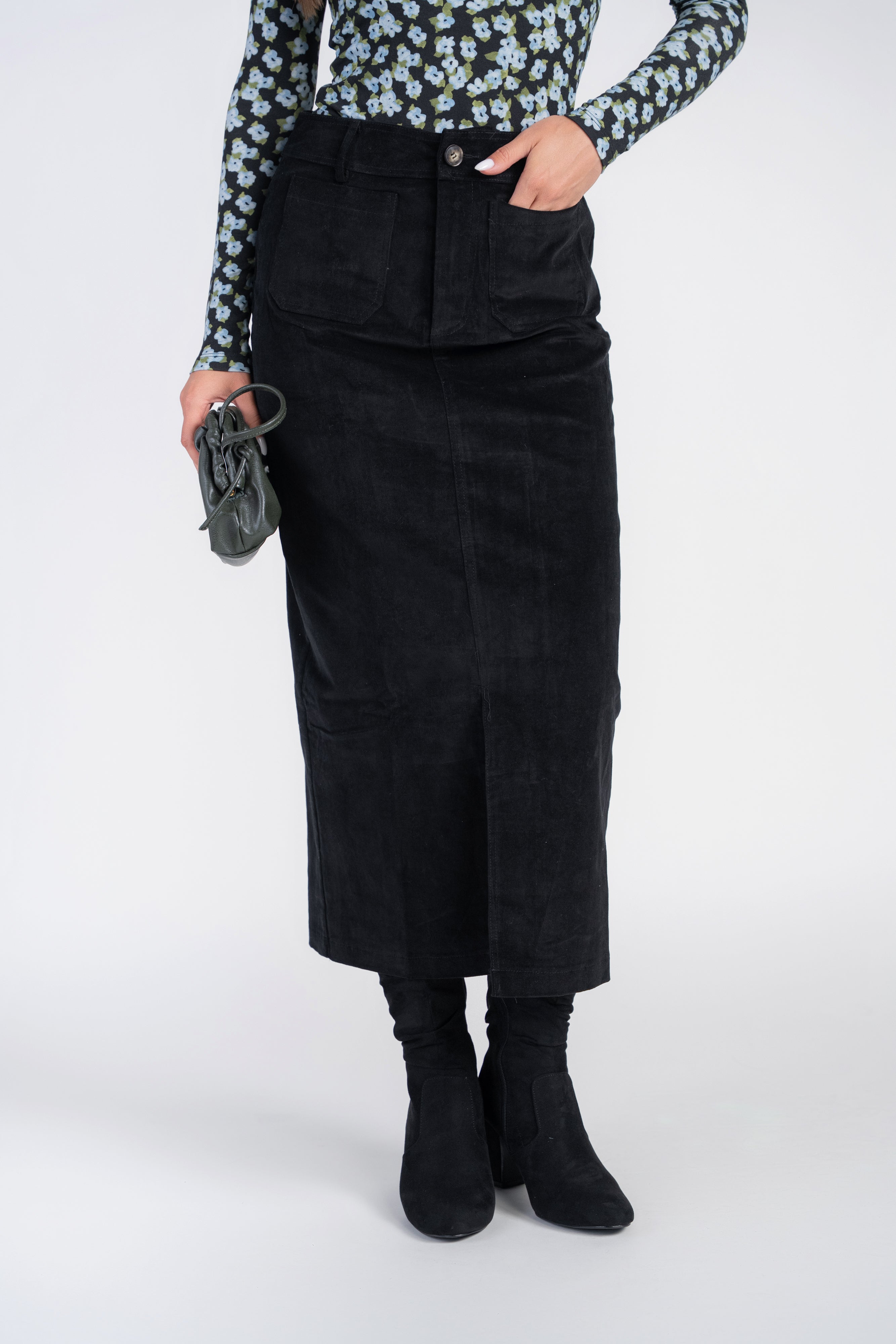 Pocket Midi Skirt- Black Corduroy