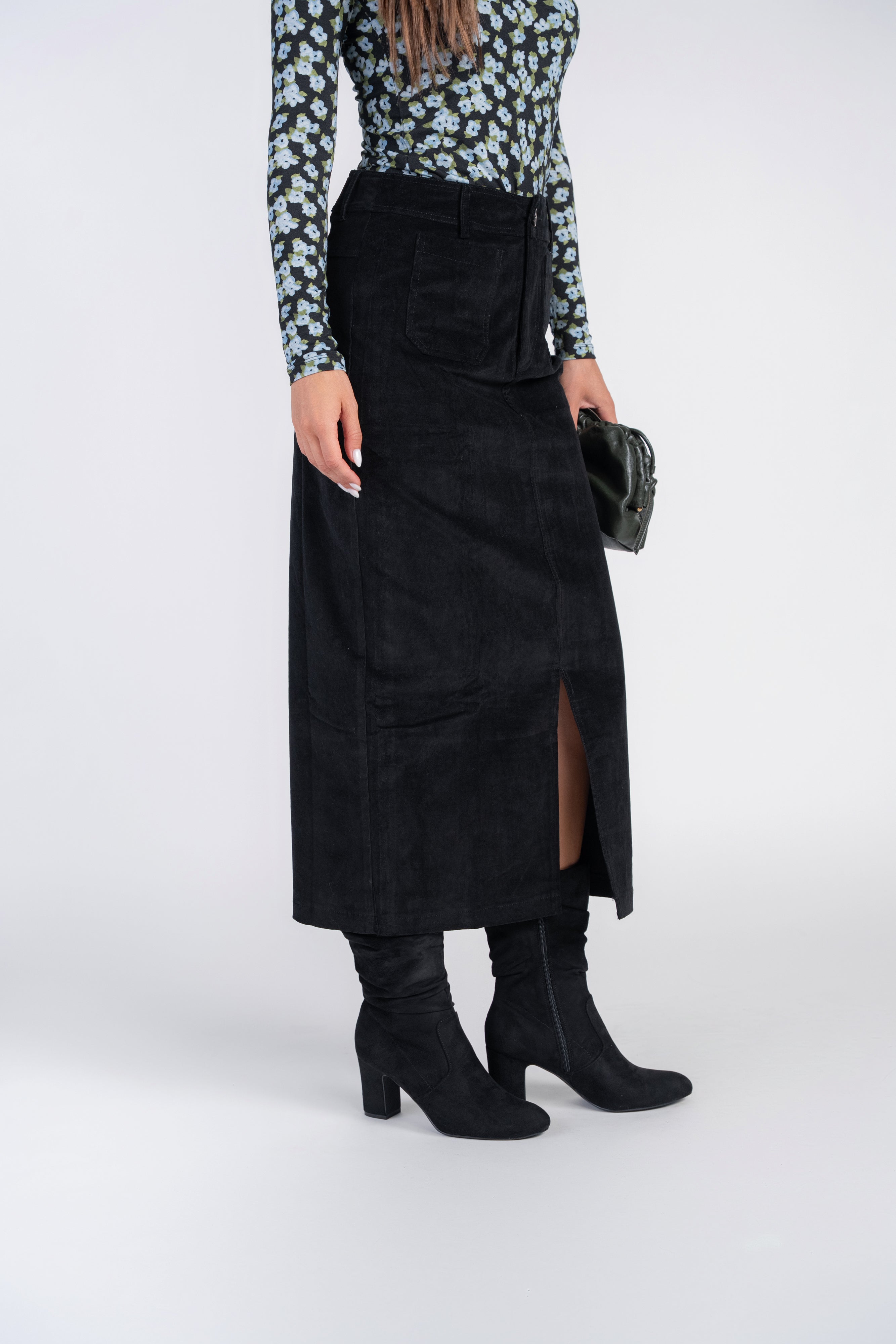 Pocket Midi Skirt- Black Corduroy