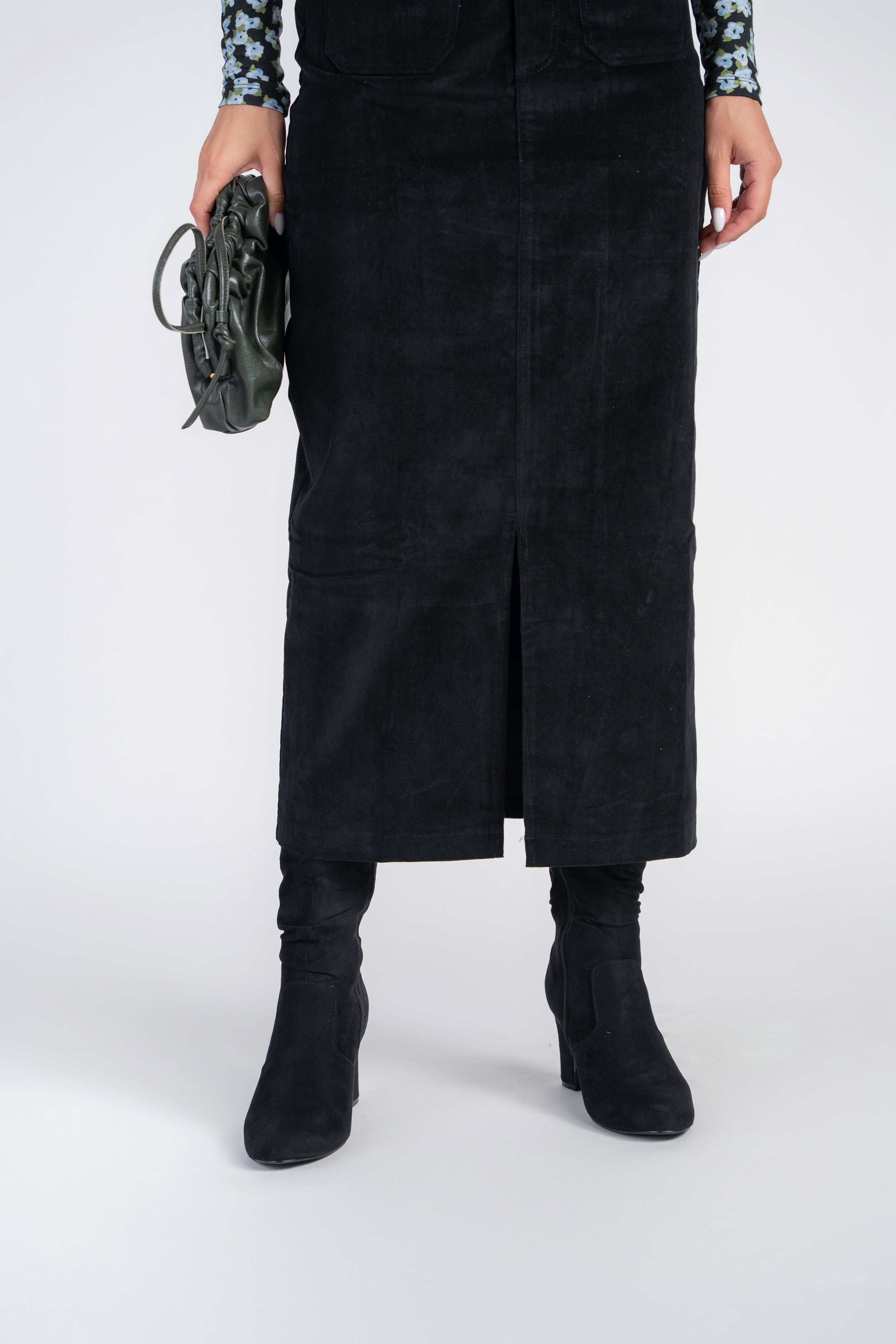 Pocket Midi Skirt- Black Corduroy