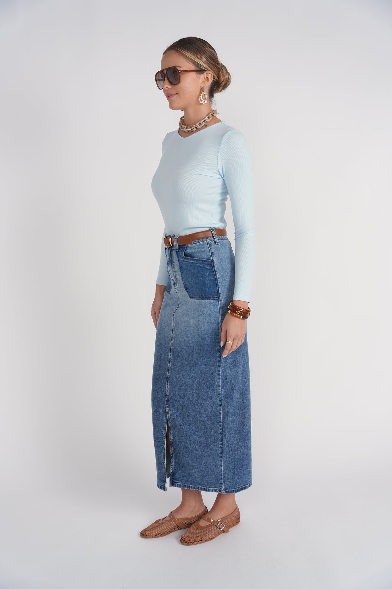 Contrast Pocket Midi Skirt- Blue Denim