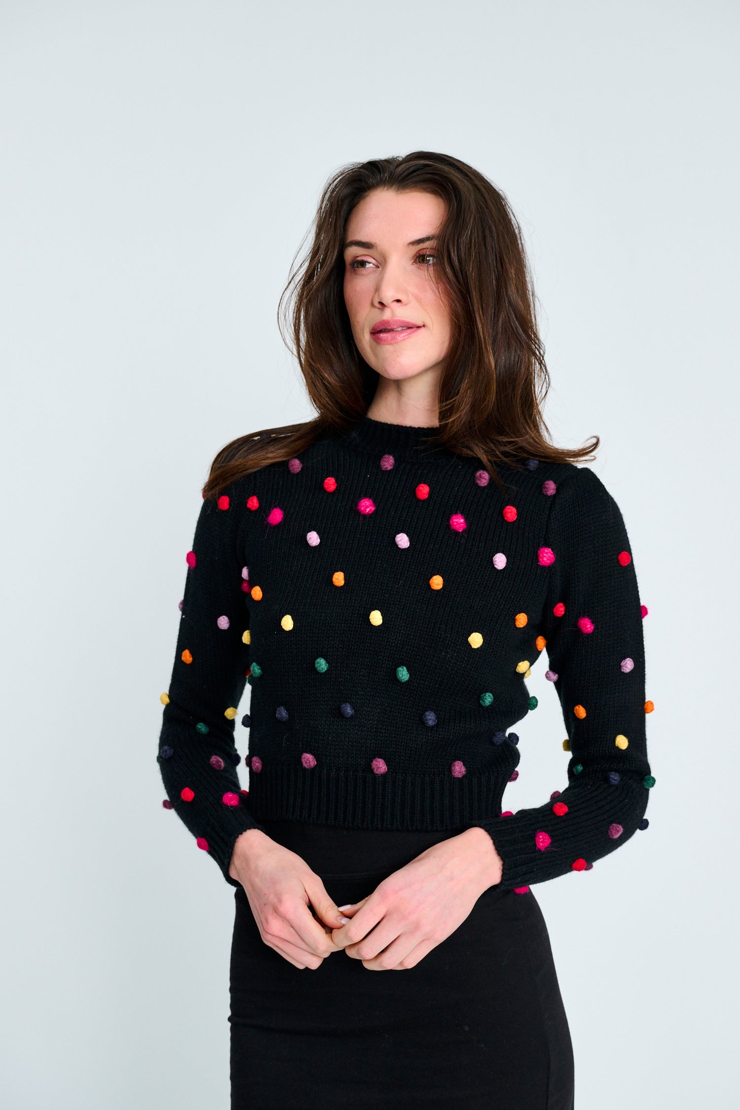 Black Knit Top With Multi Color Pom Pom Trim - Black