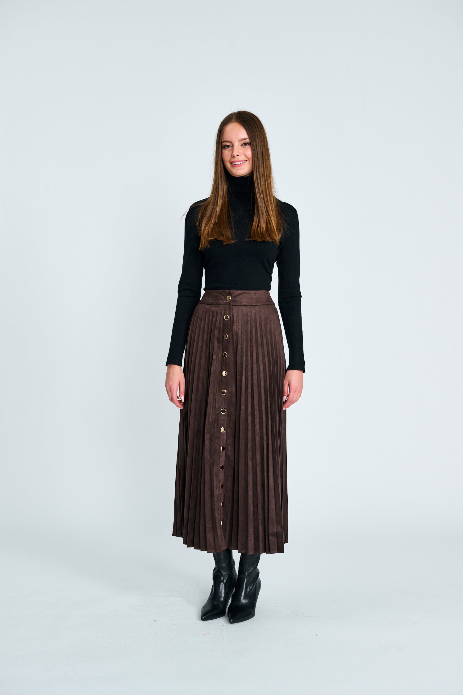 Brown Button Down Suede Pleated Skirt - Beige