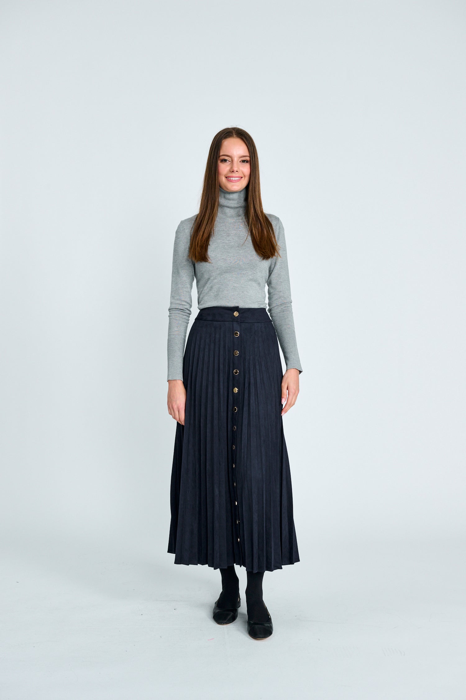 Navy Button Down Suede Pleated Skirt - Blue