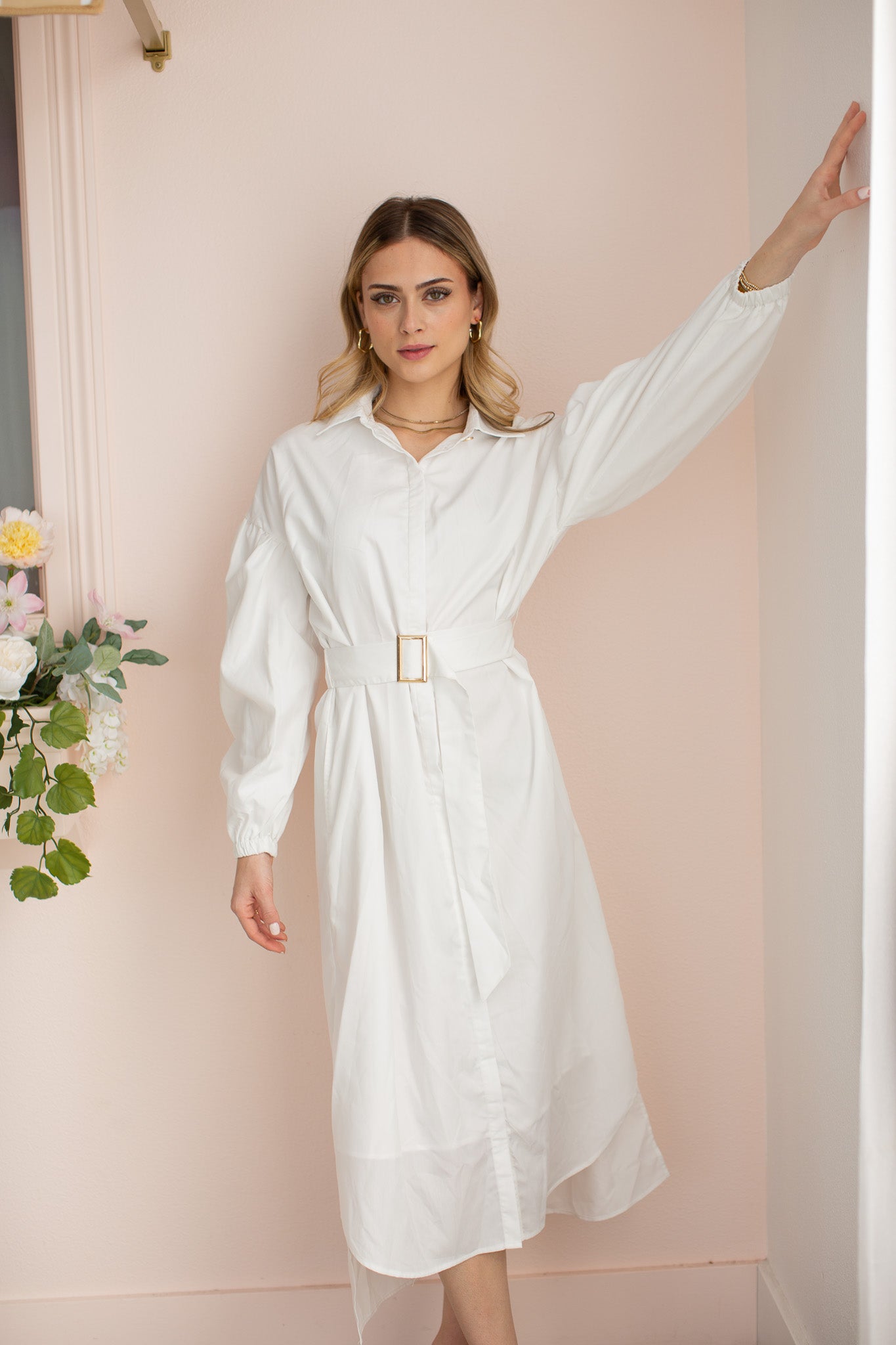 Cotton Belted Shirtdress- White