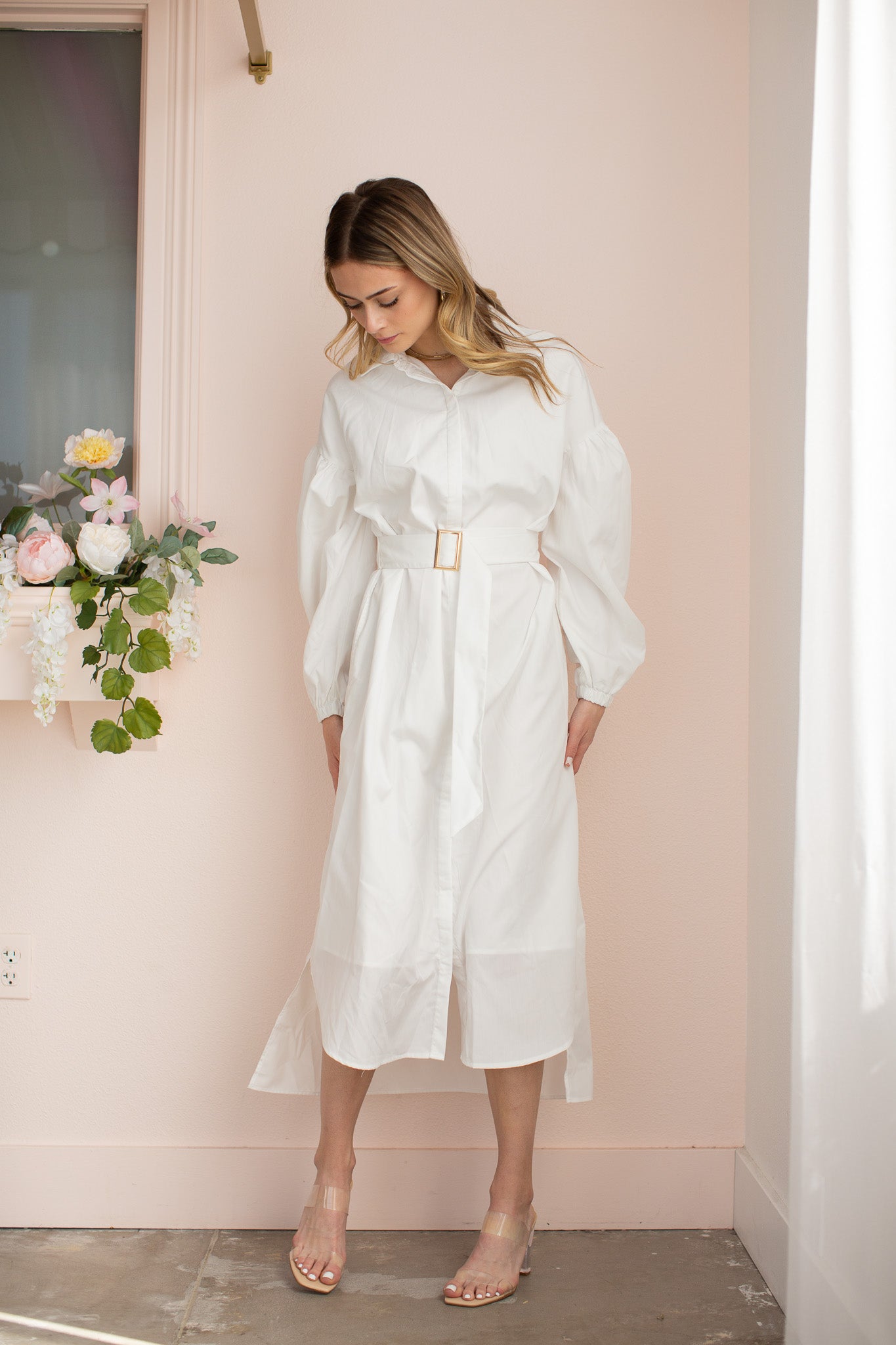 Cotton Belted Shirtdress- White