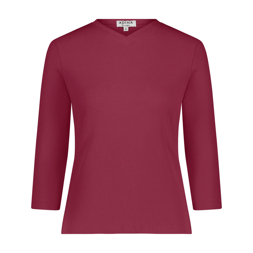 3-4 Sleeve Ribbed V Neck Tee- Berry