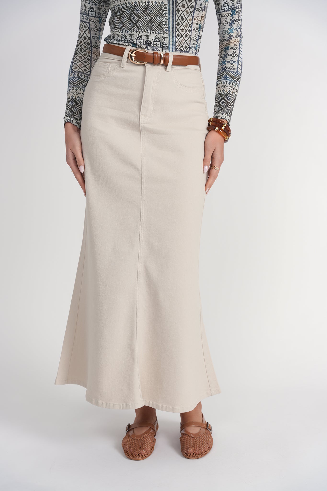 Mermaid Denim Maxi Skirt- Stone