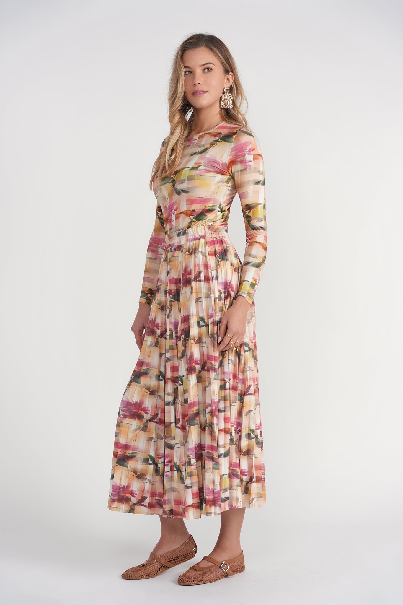 Jersey Pleated Skirt- Pixel Floral