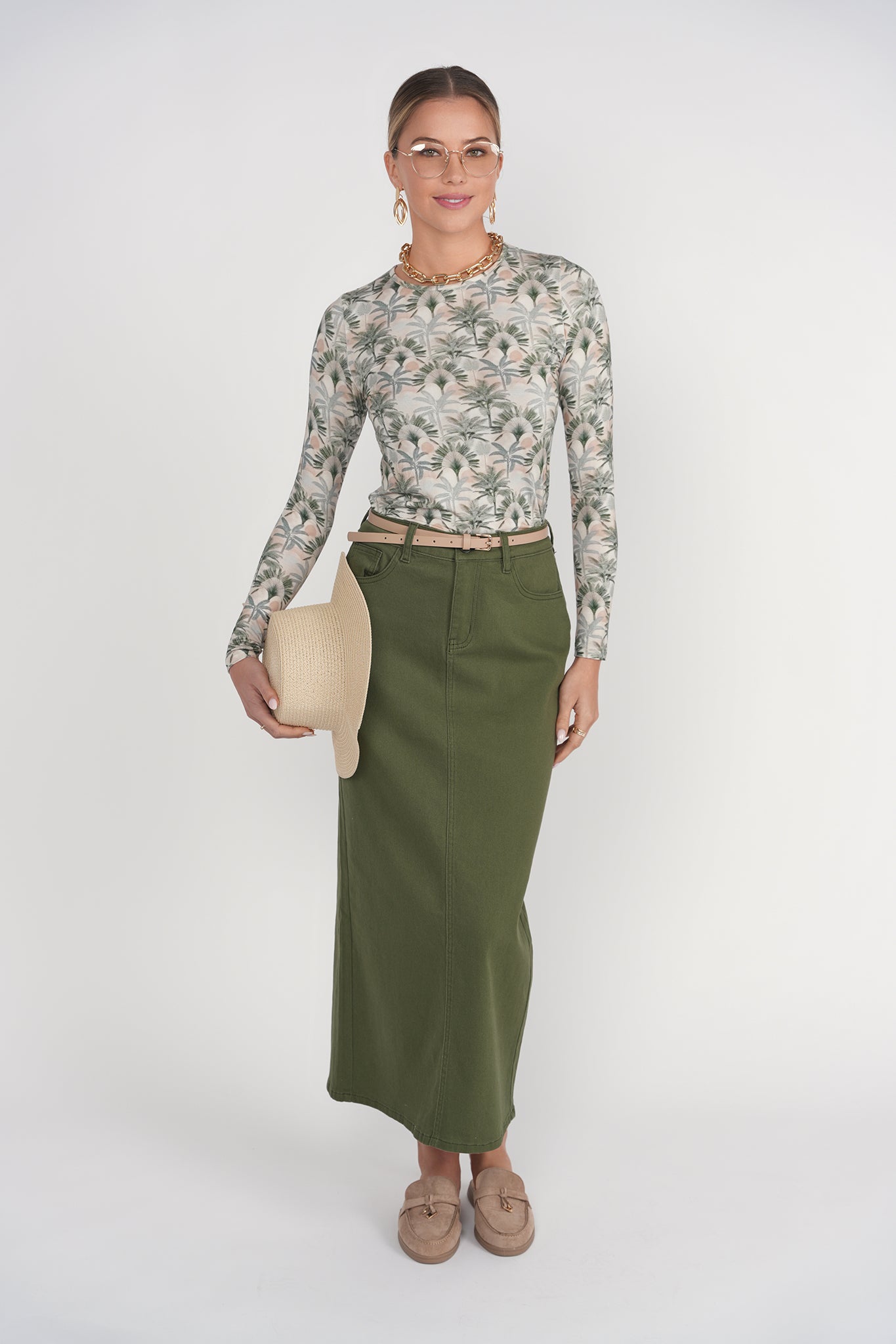 Straight Denim Skirt- Olive