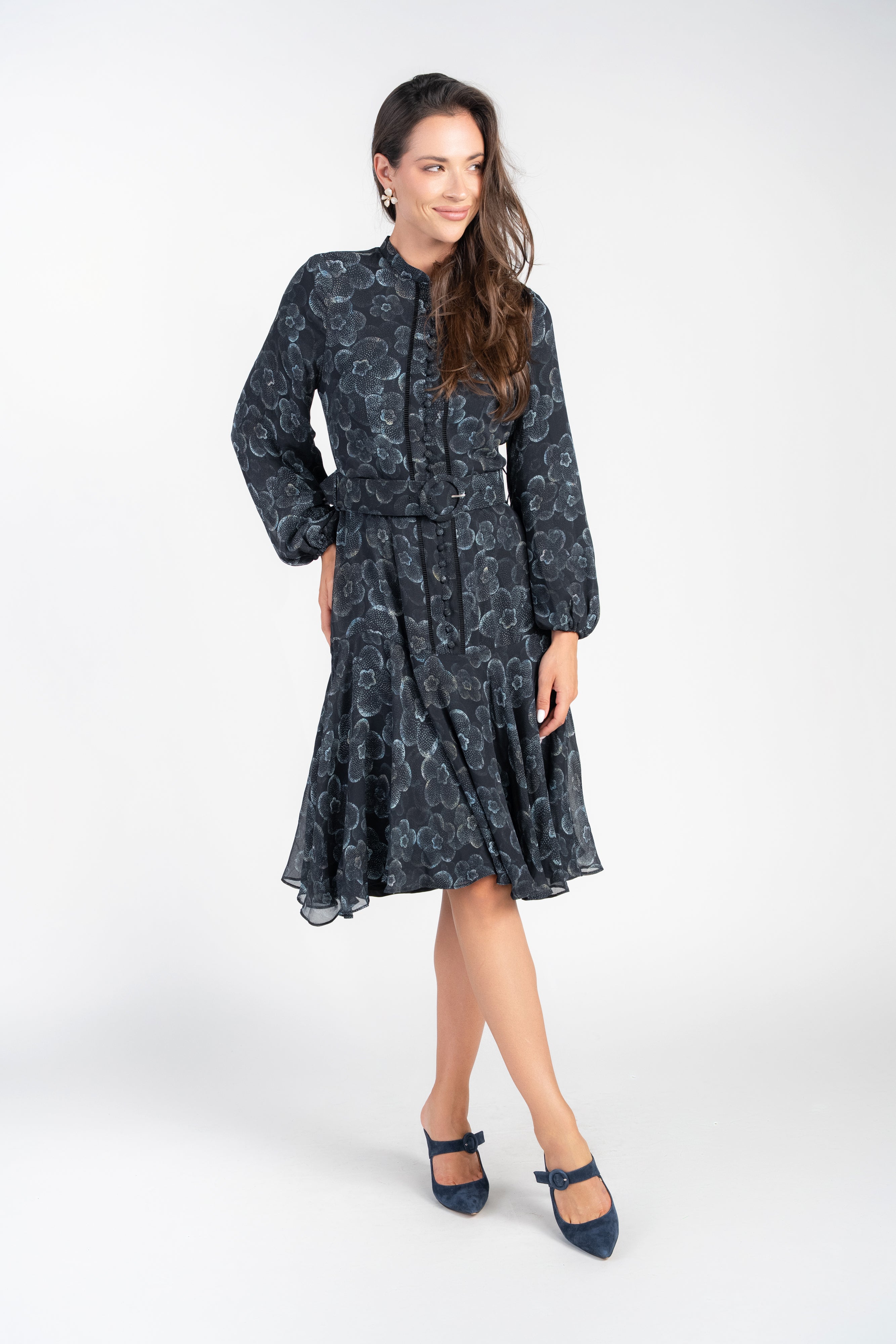 Sophie Dress- Light Blue Florals on Black