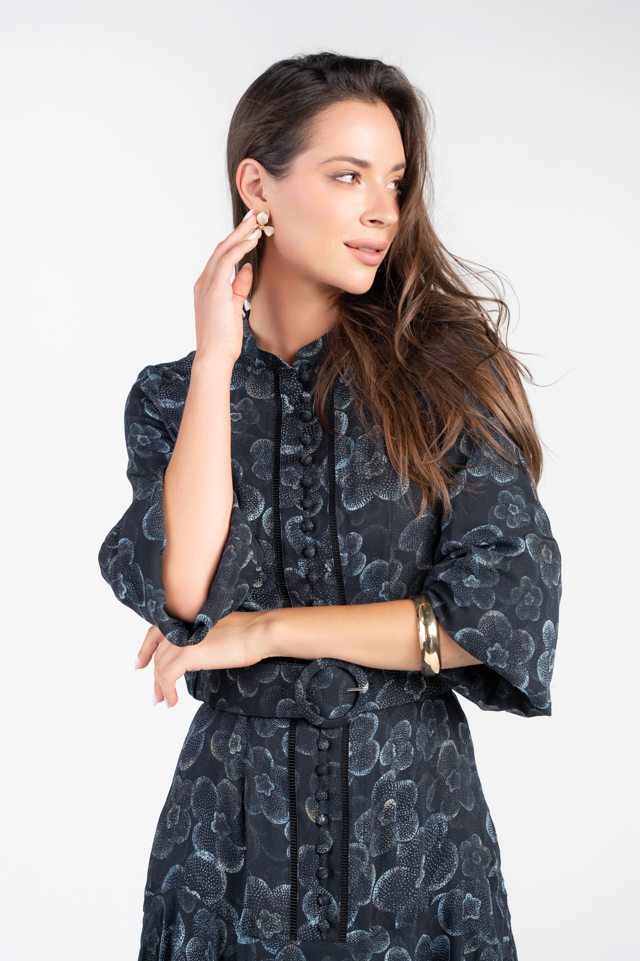 Sophie Dress- Light Blue Florals on Black