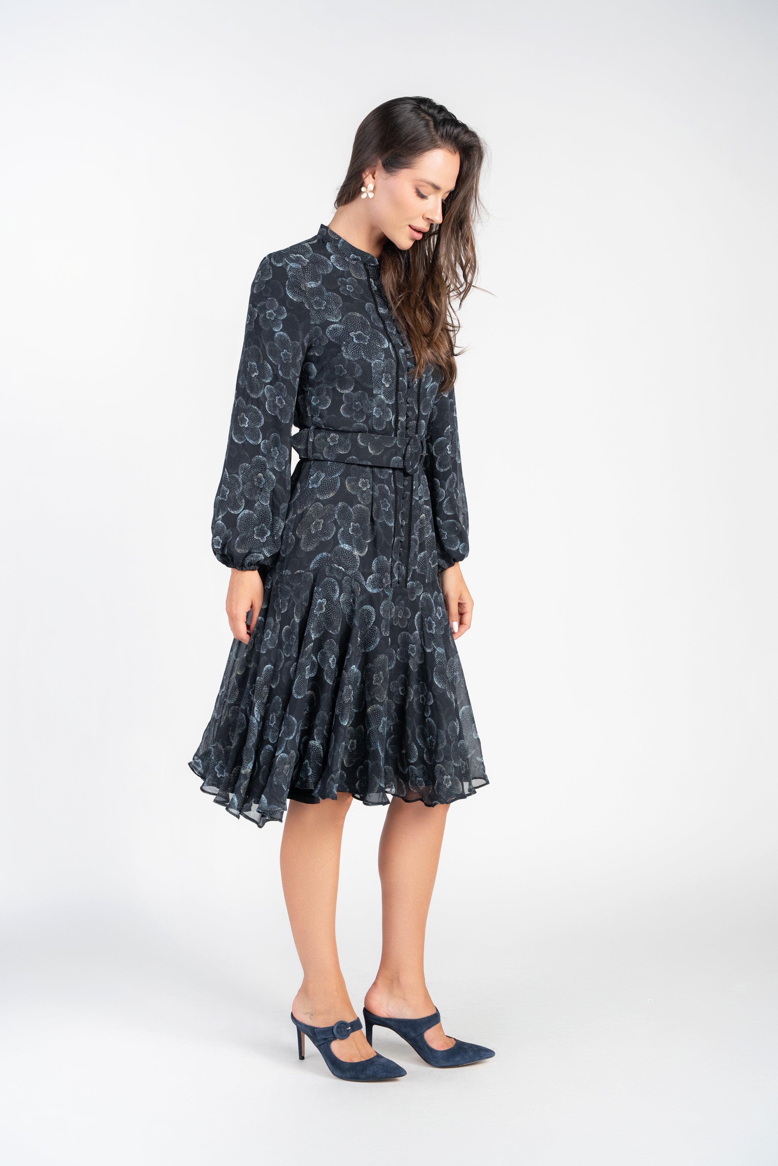 Sophie Dress- Light Blue Florals on Black