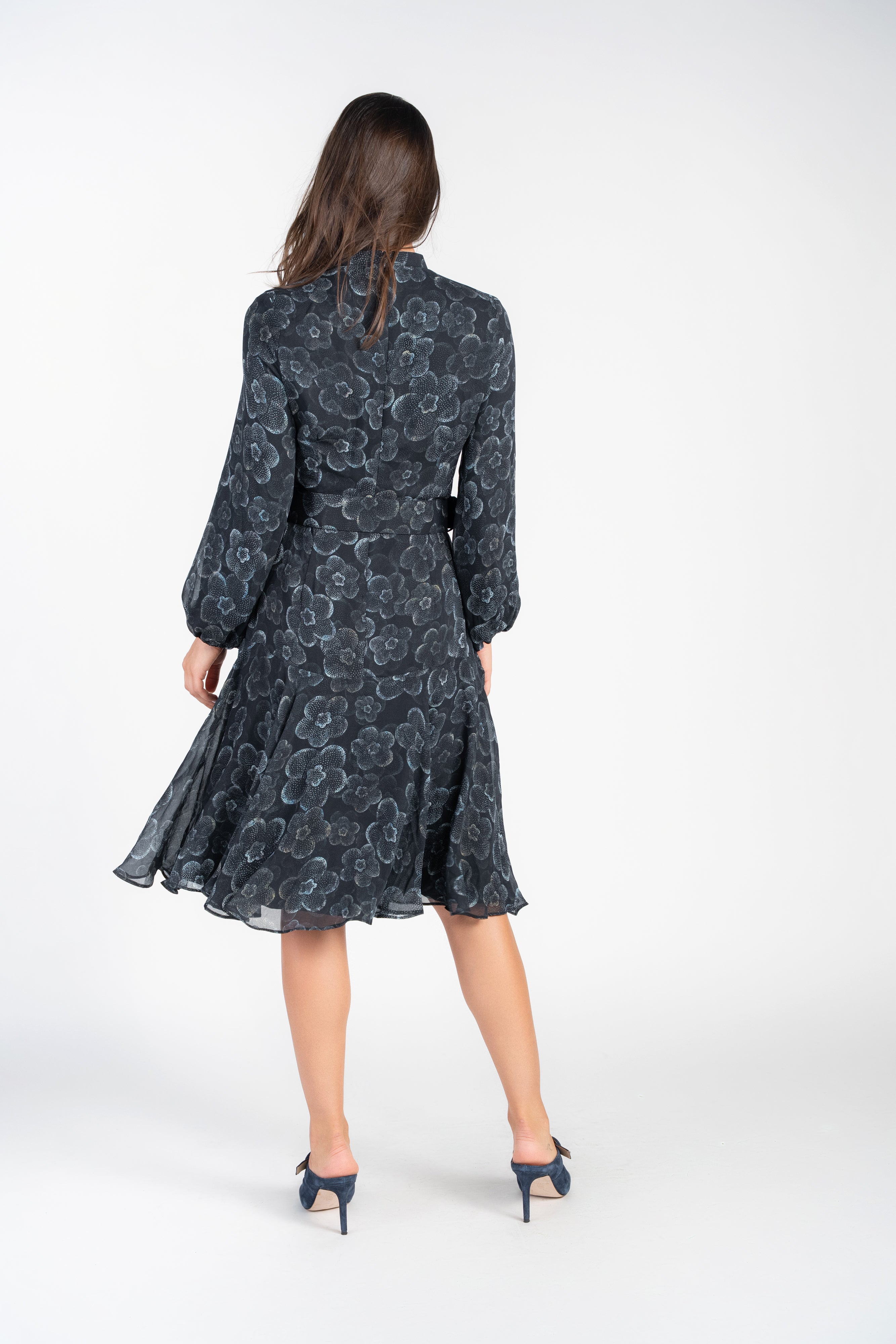 Sophie Dress- Light Blue Florals on Black