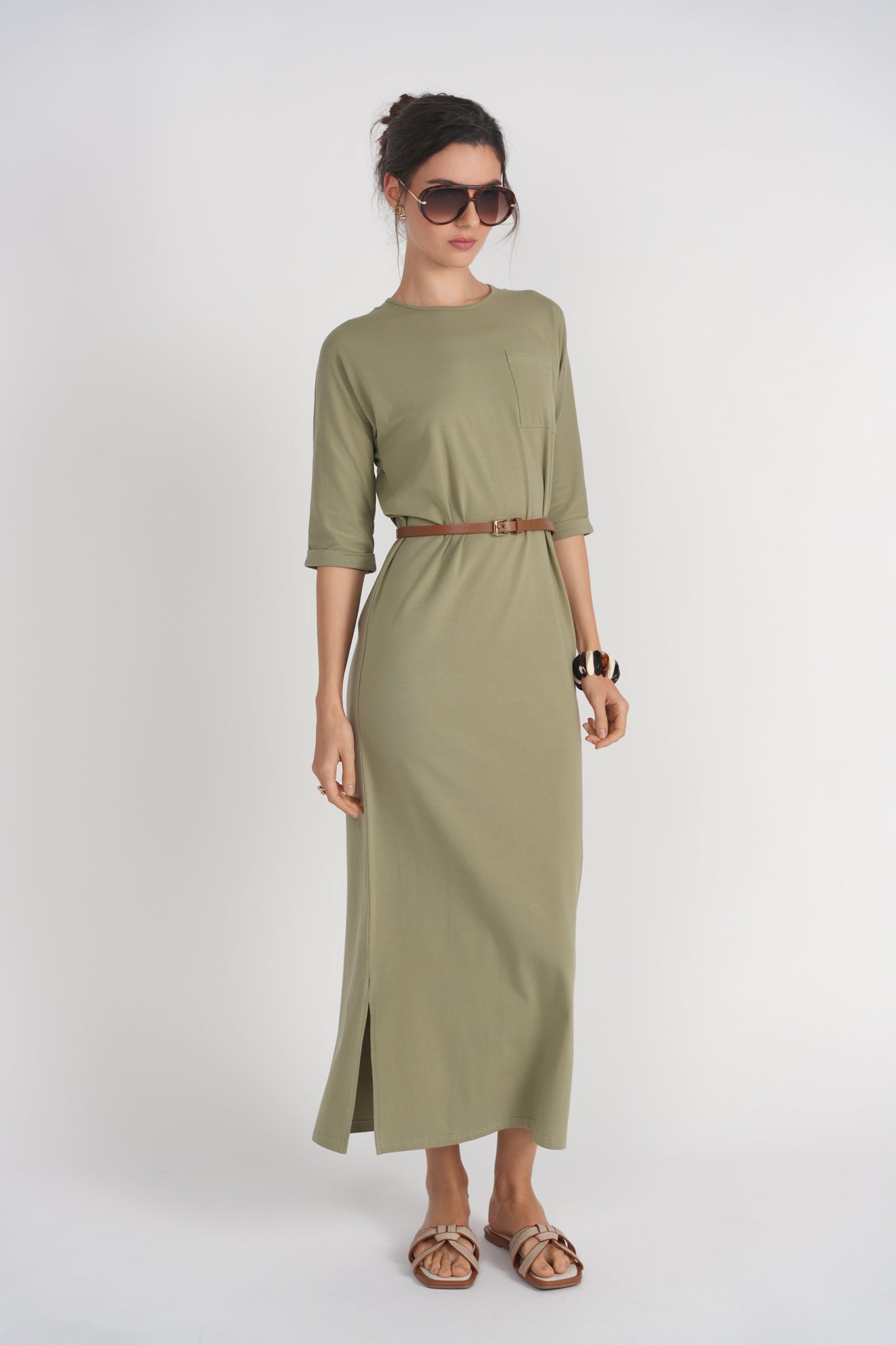 Pocket T-shirt Dress- Spanish Olive