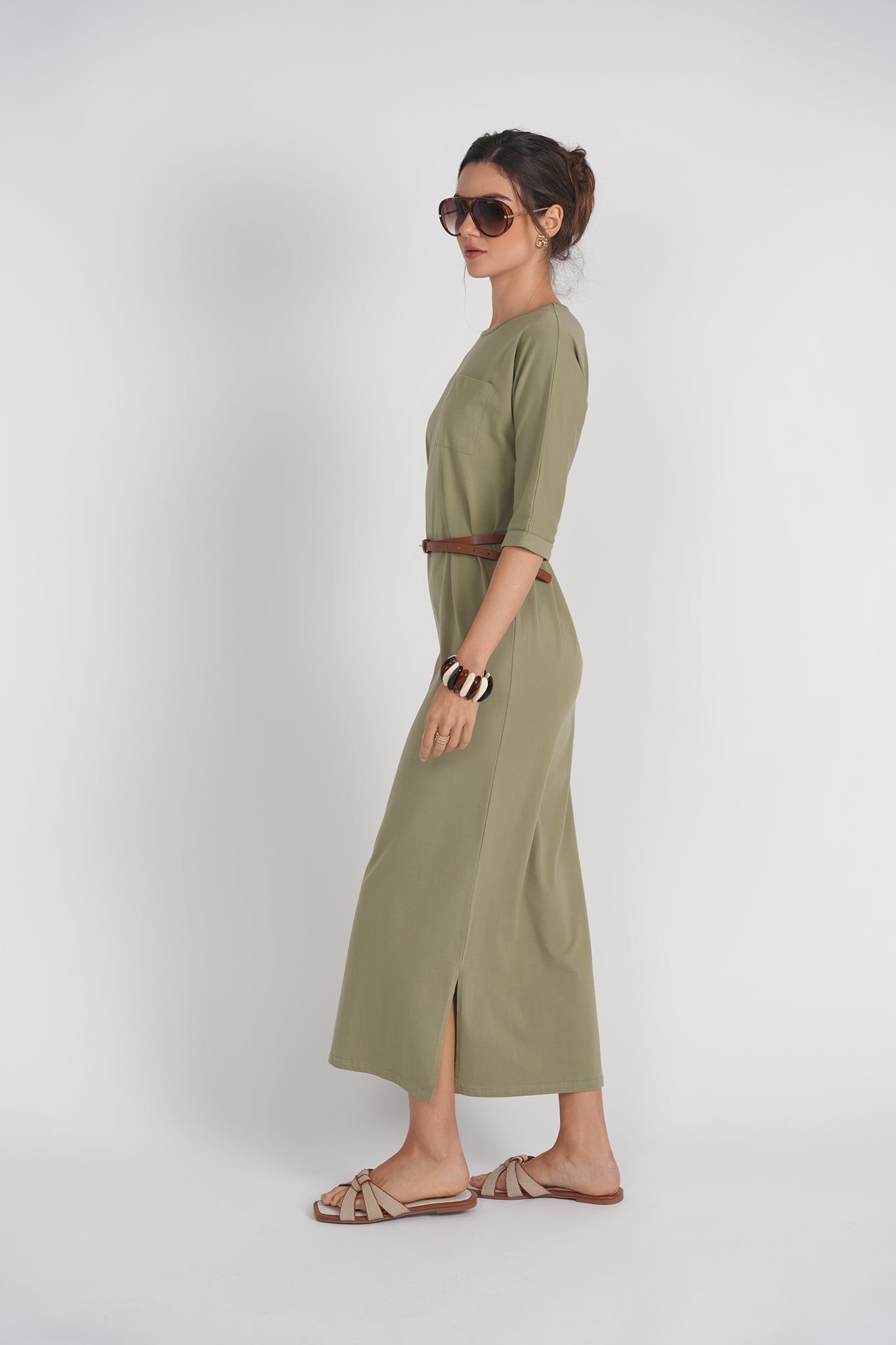 Pocket T-shirt Dress- Spanish Olive