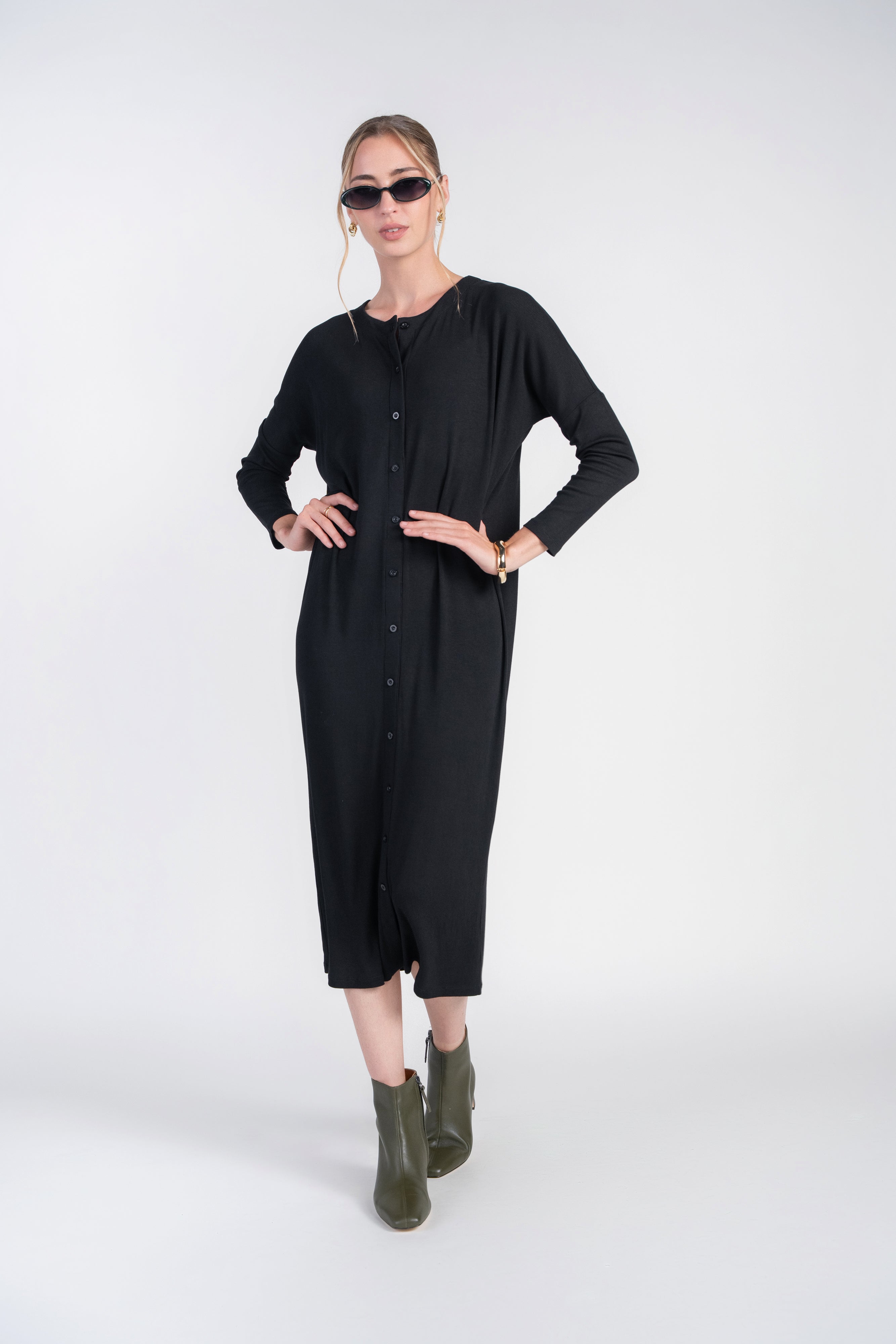 Dolman Sleeve Dress with Buttons- Black