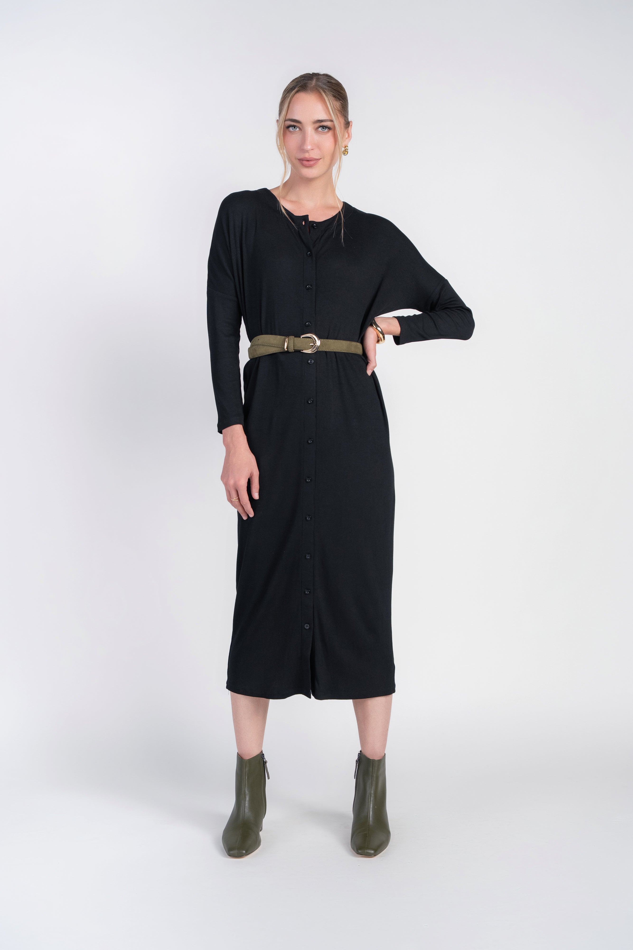 Dolman Sleeve Dress with Buttons- Black