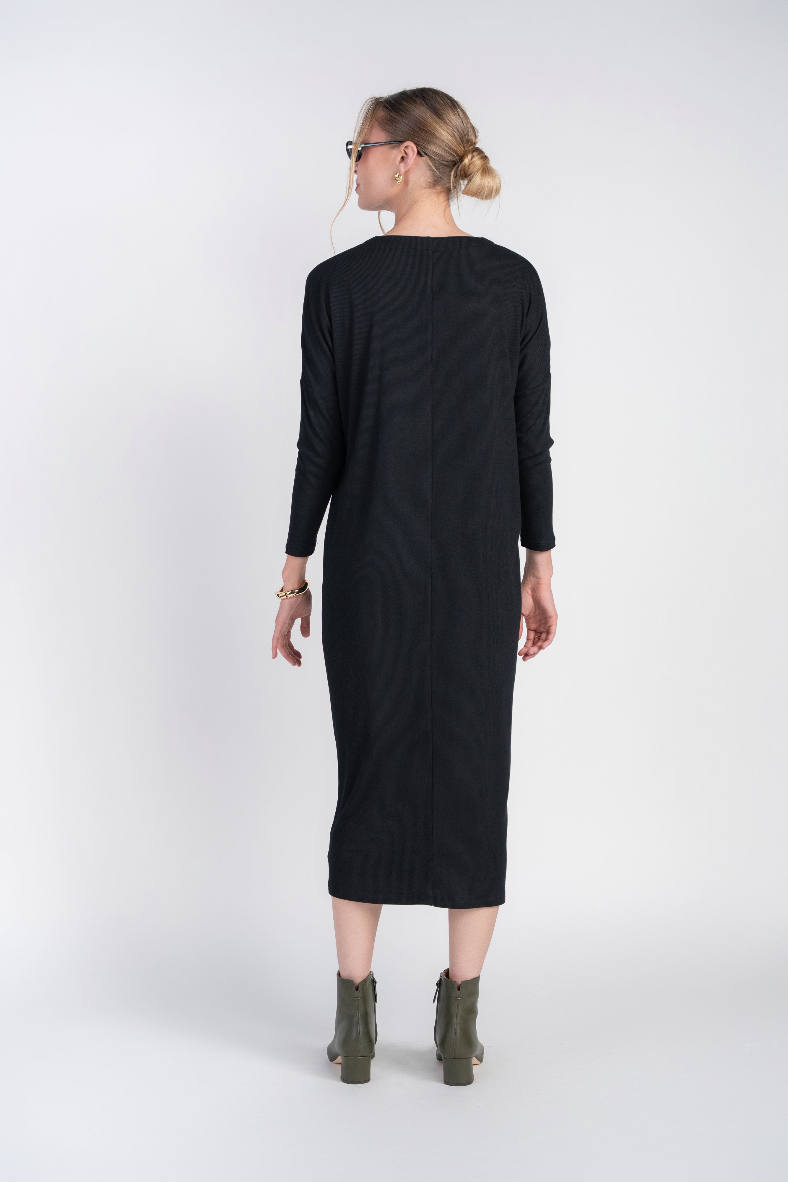 Dolman Sleeve Dress with Buttons- Black