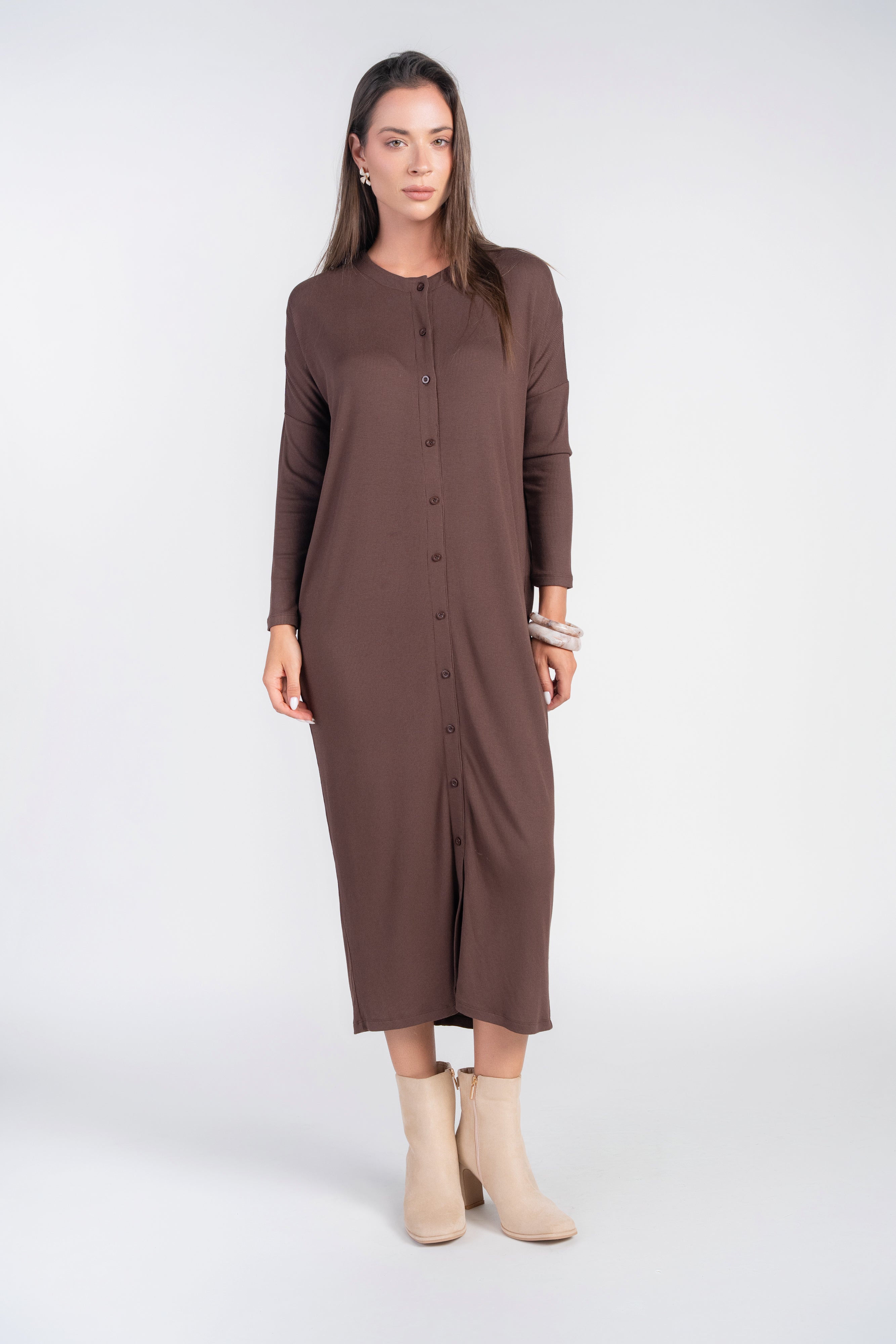 Dolman Sleeve Dress with Buttons- Milk Chocolate