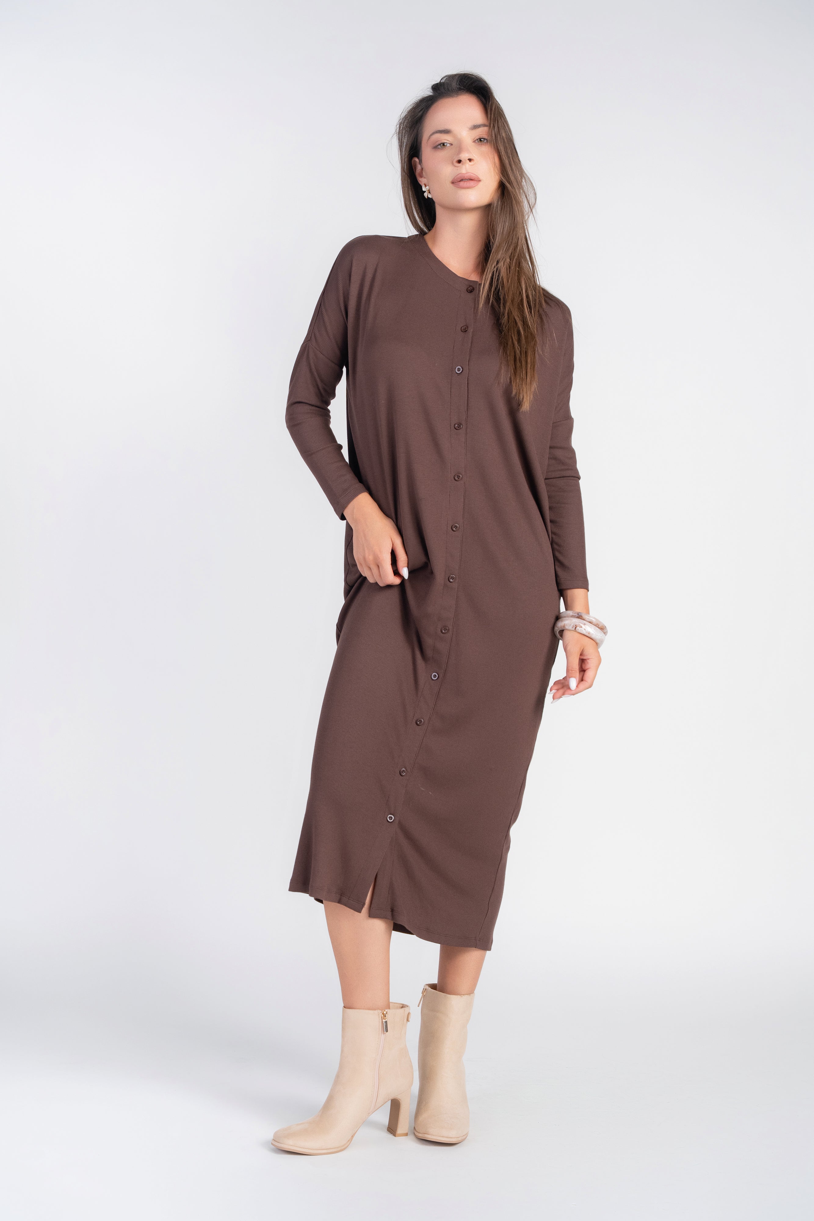 Dolman Sleeve Dress with Buttons- Milk Chocolate