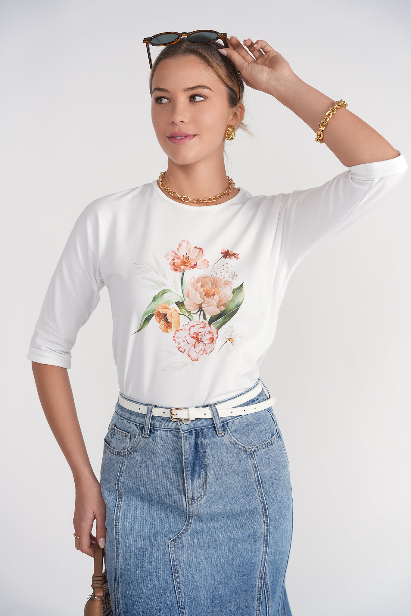 3-4 Sleeve Cotton Tee- Flowers on White