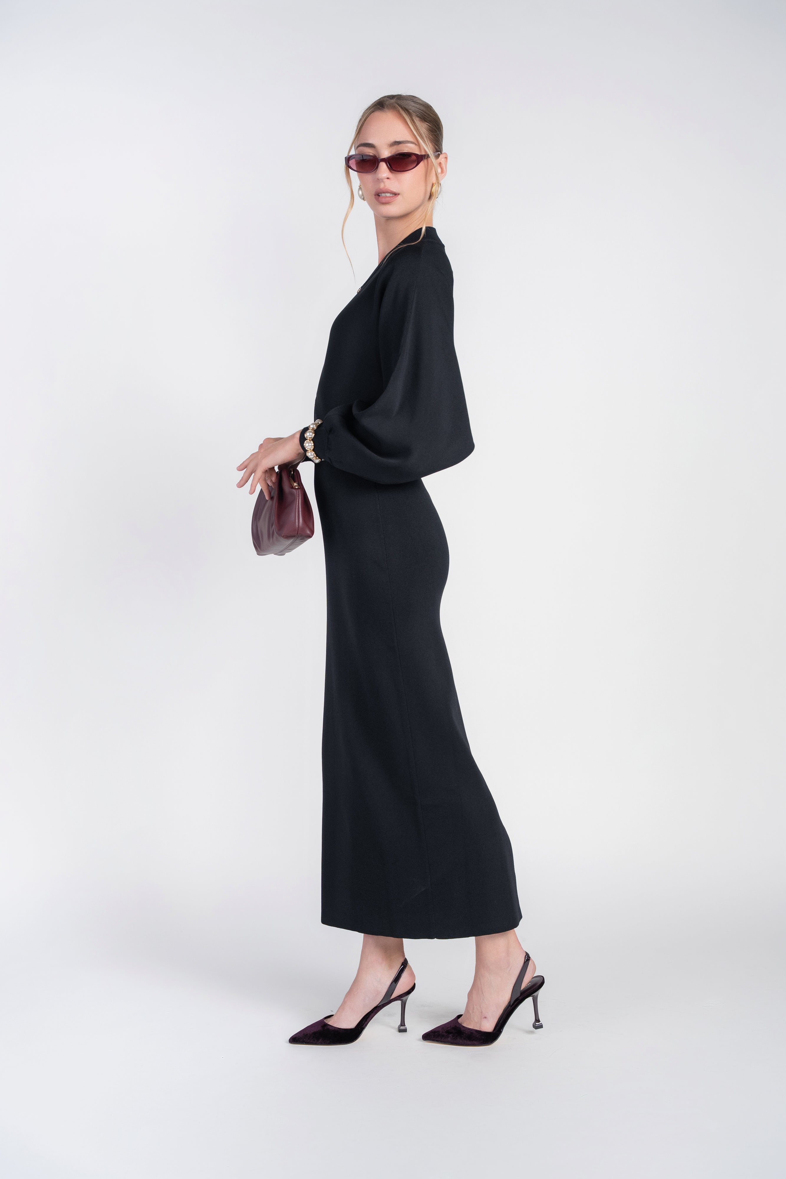 Knit Dolman Dress with Zipper- Black