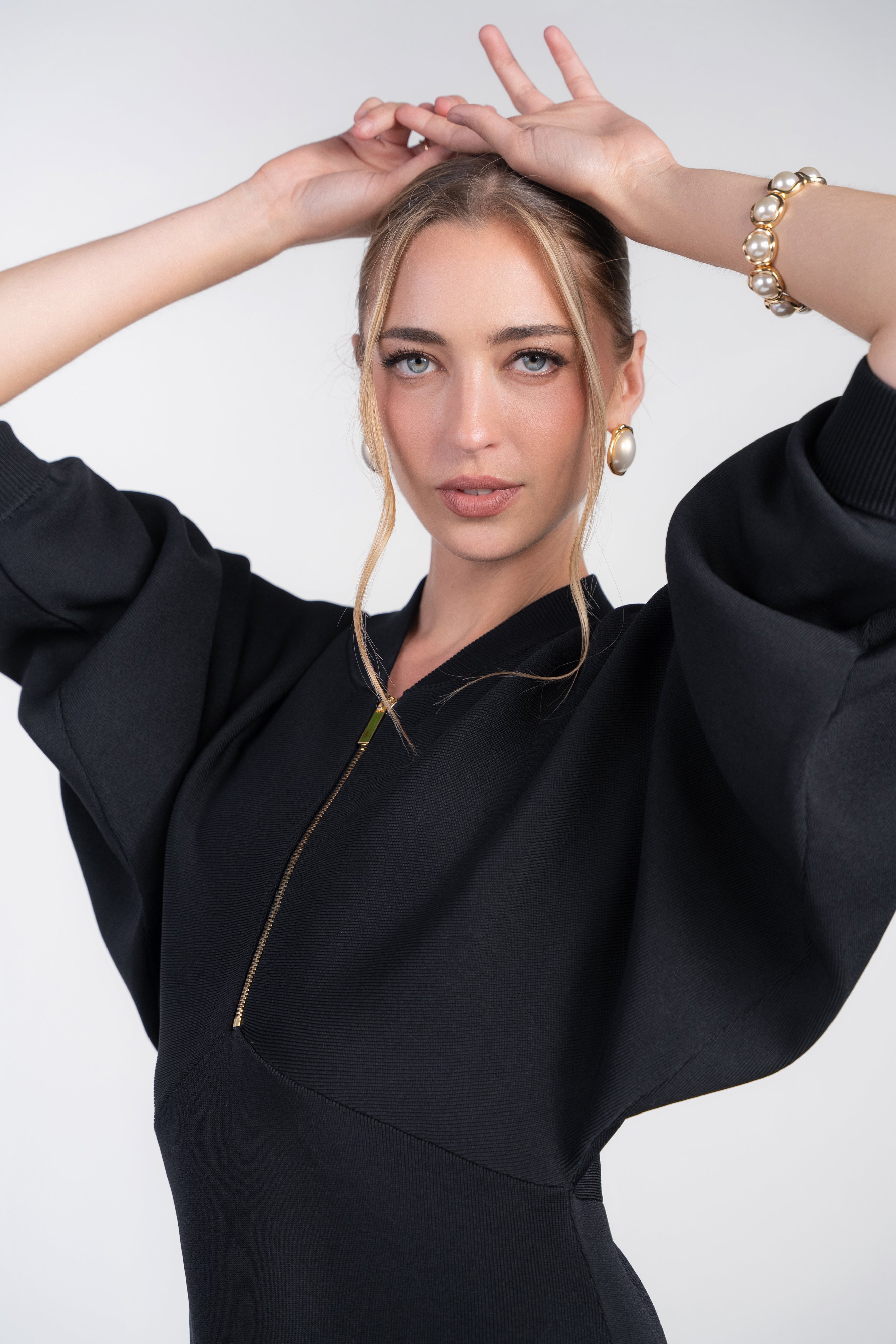 Knit Dolman Dress with Zipper- Black