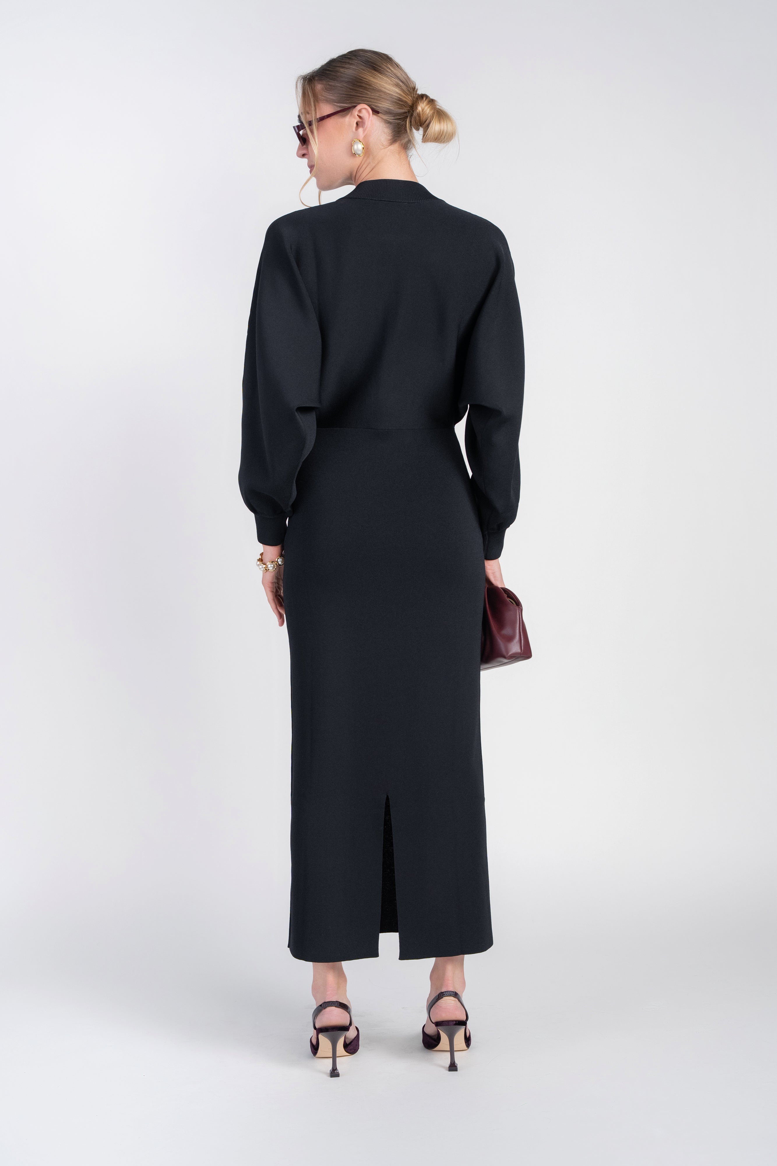 Knit Dolman Dress with Zipper- Black