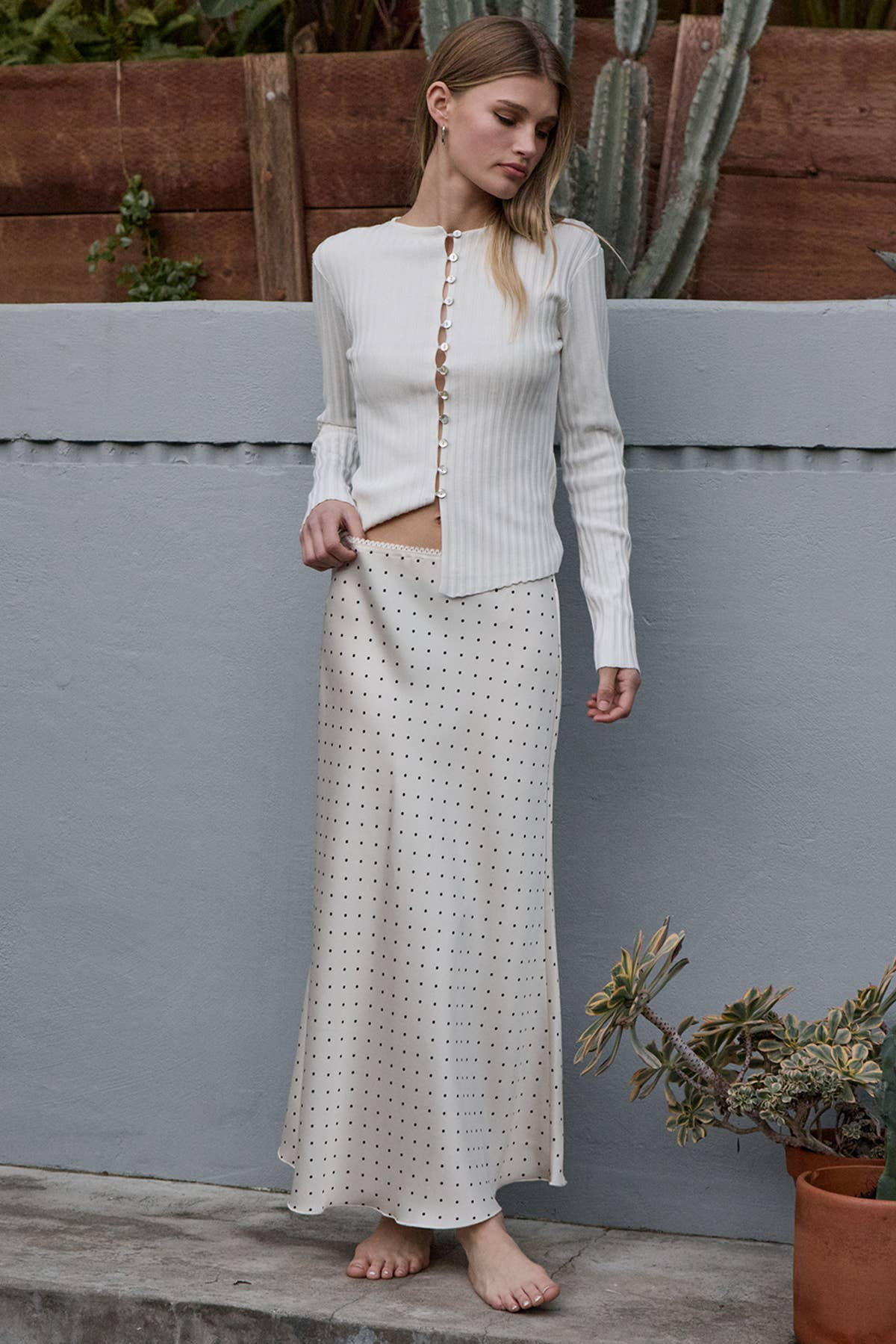 Polka Dot Satin Midi Skirt- Cream Dot