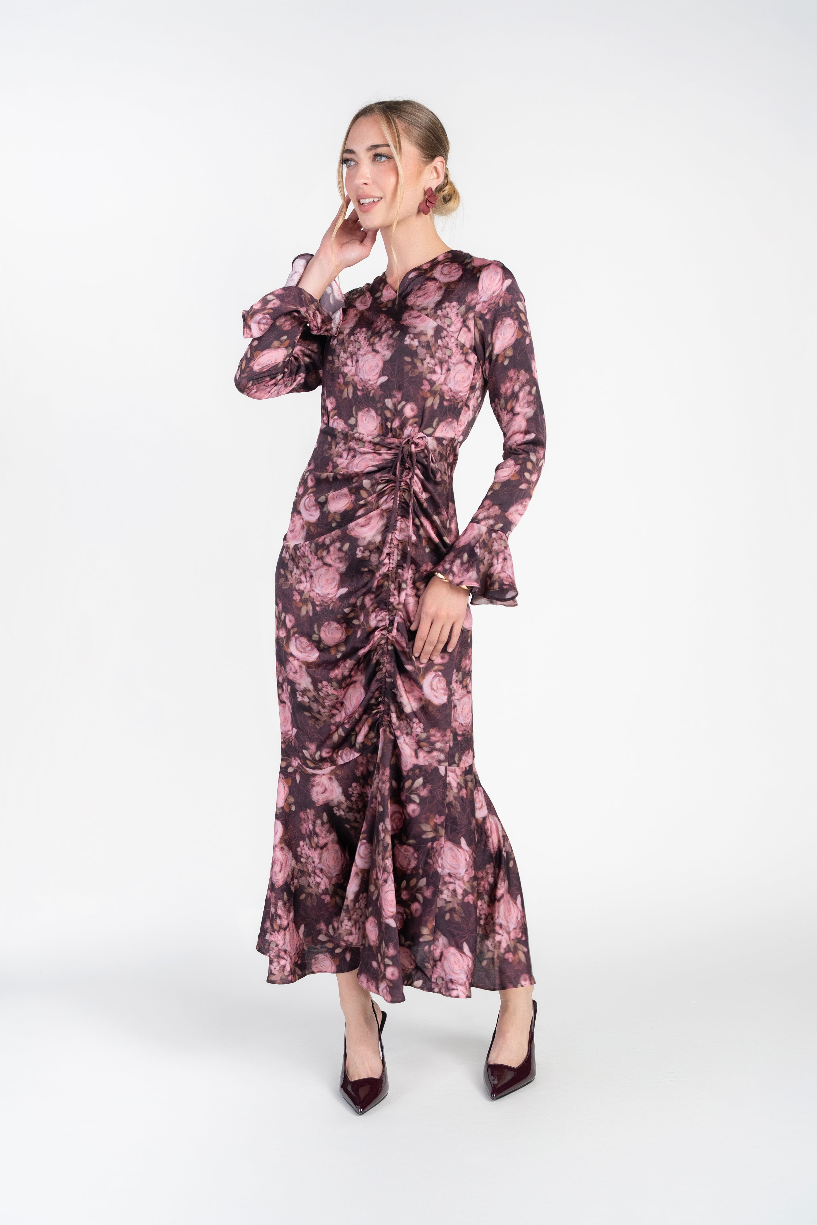 Valerie Midi Dress- Burgundy and Pink Floral