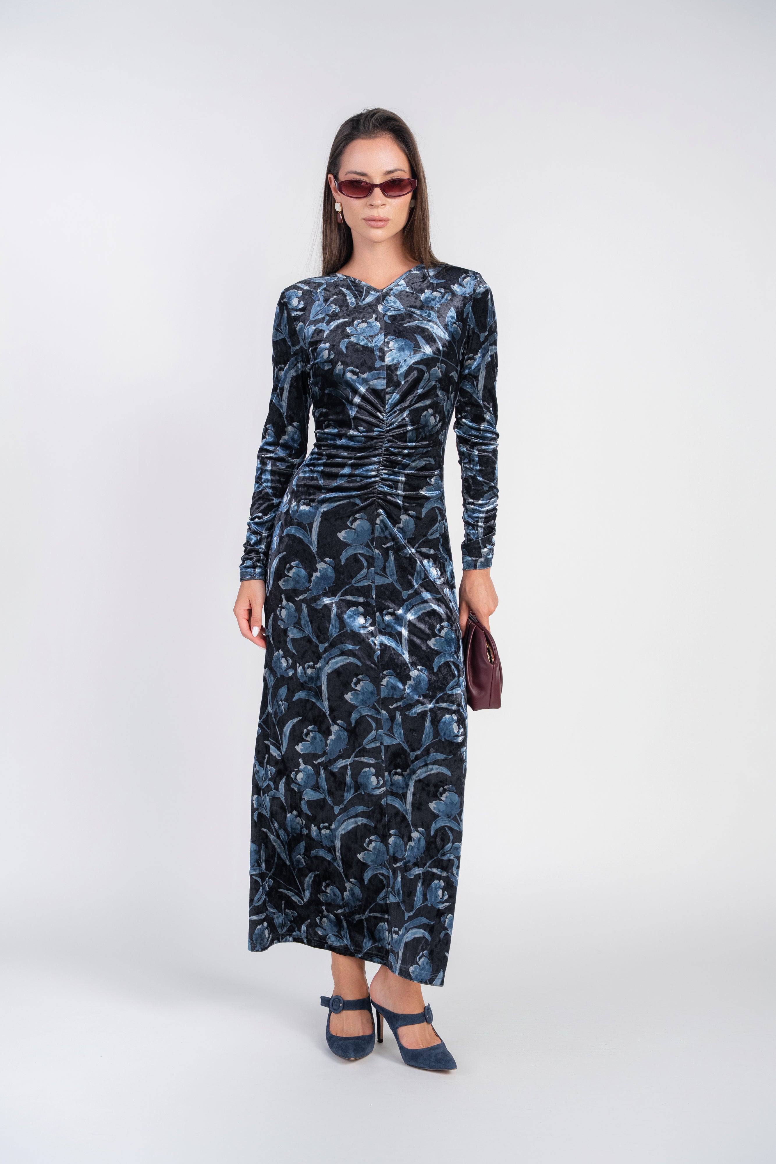 Flora Velvet Maxi- Navy Tulips on Black