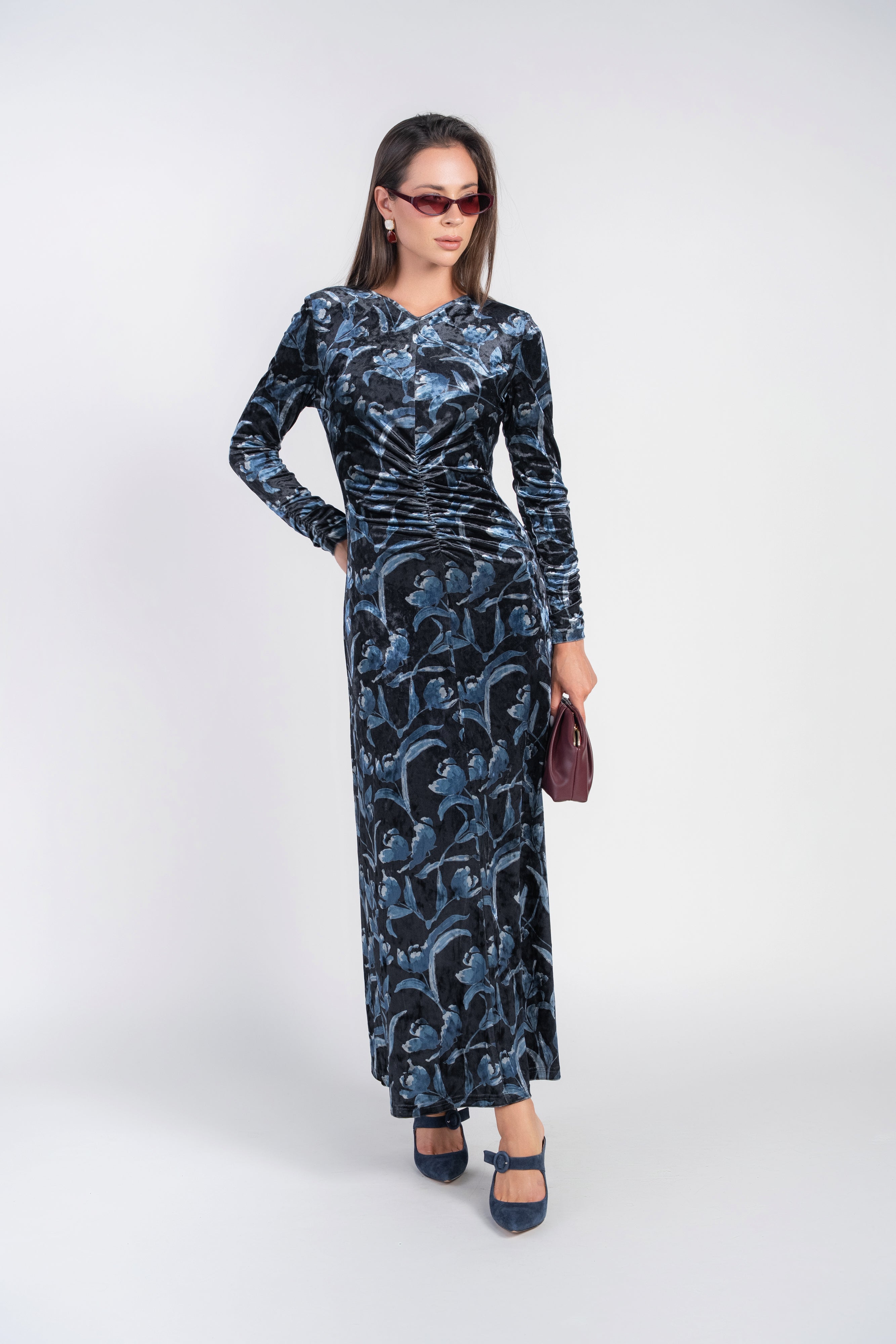 Flora Velvet Maxi- Navy Tulips on Black
