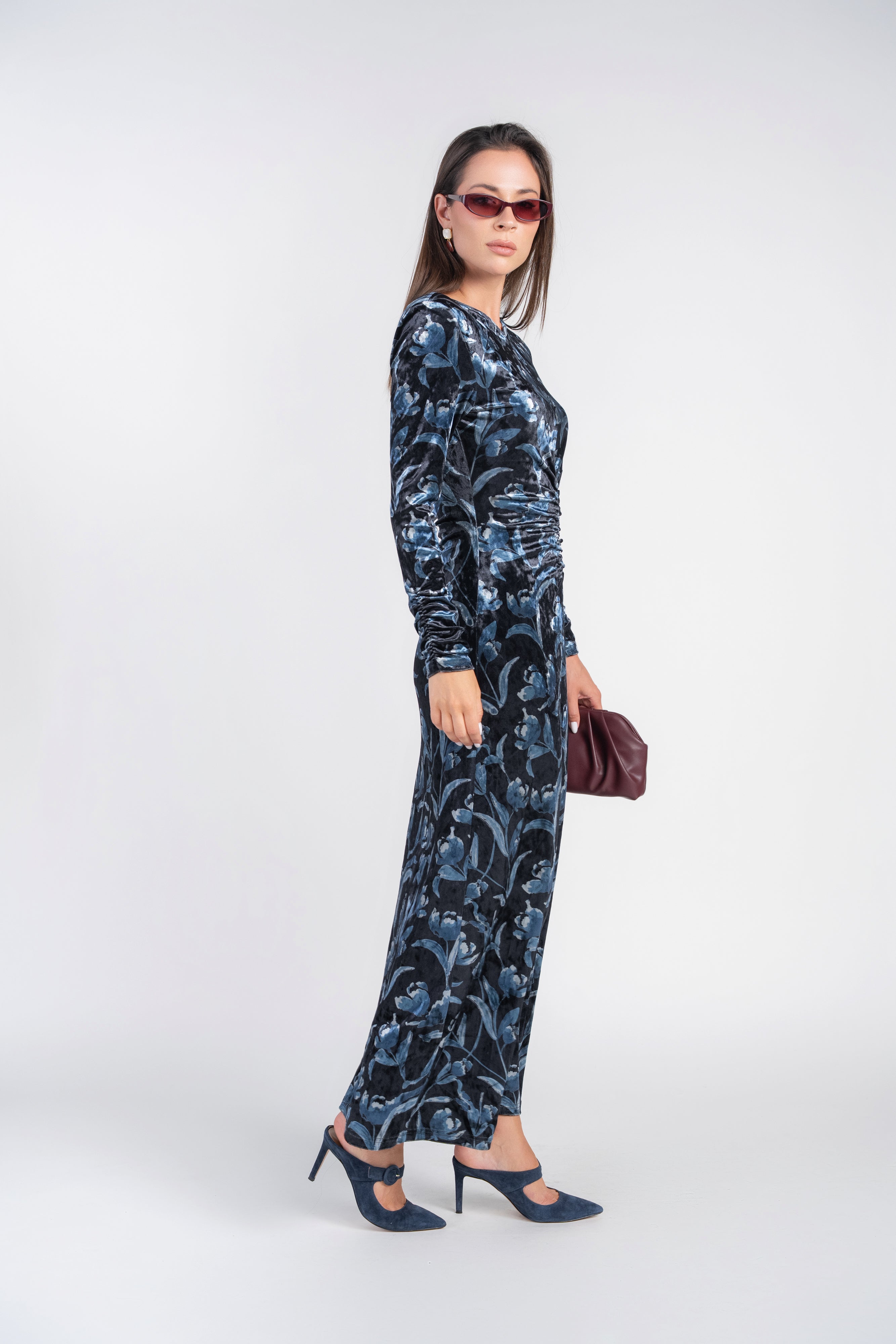 Flora Velvet Maxi- Navy Tulips on Black