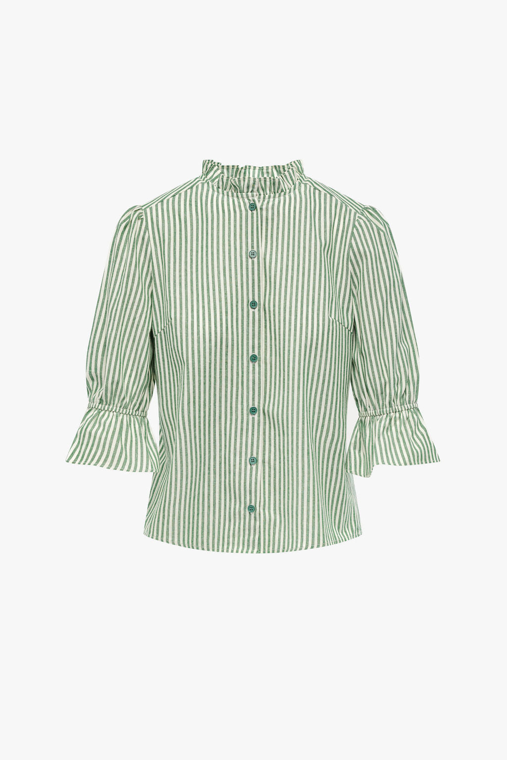 Ruffle Cuff Cotton Top- Green Stripes