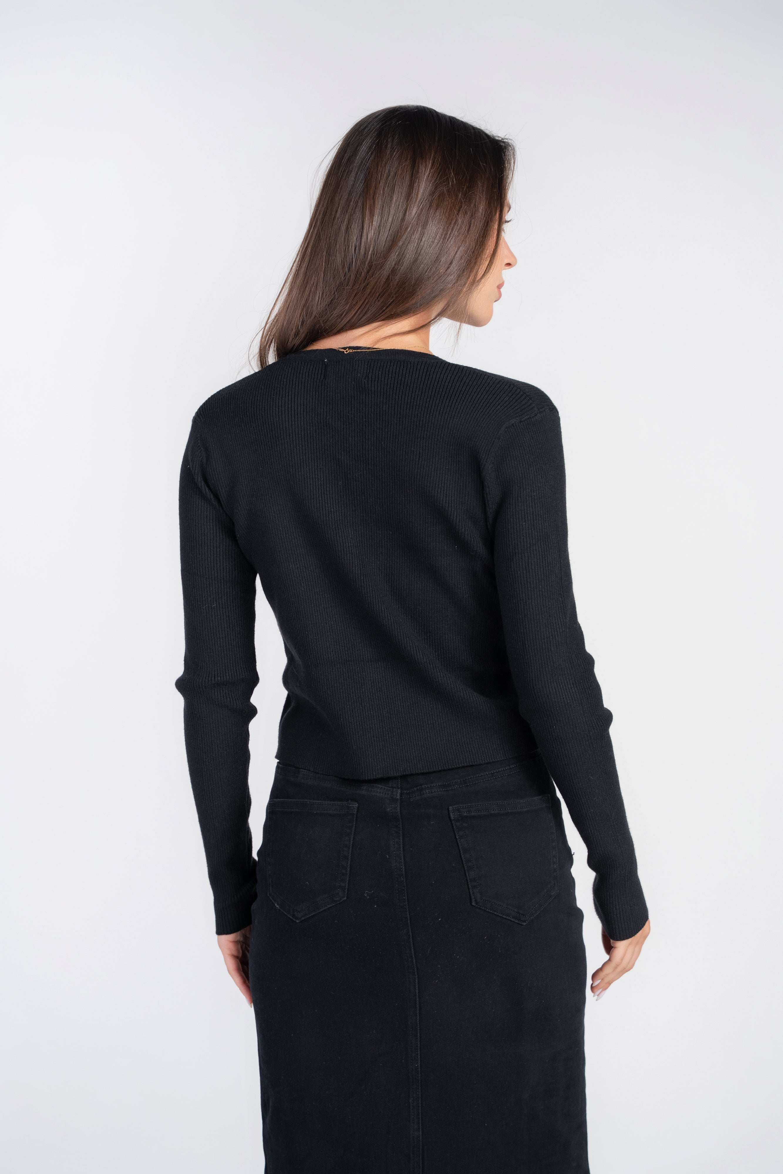 V-neck Cardi with Heart Buttons- Black