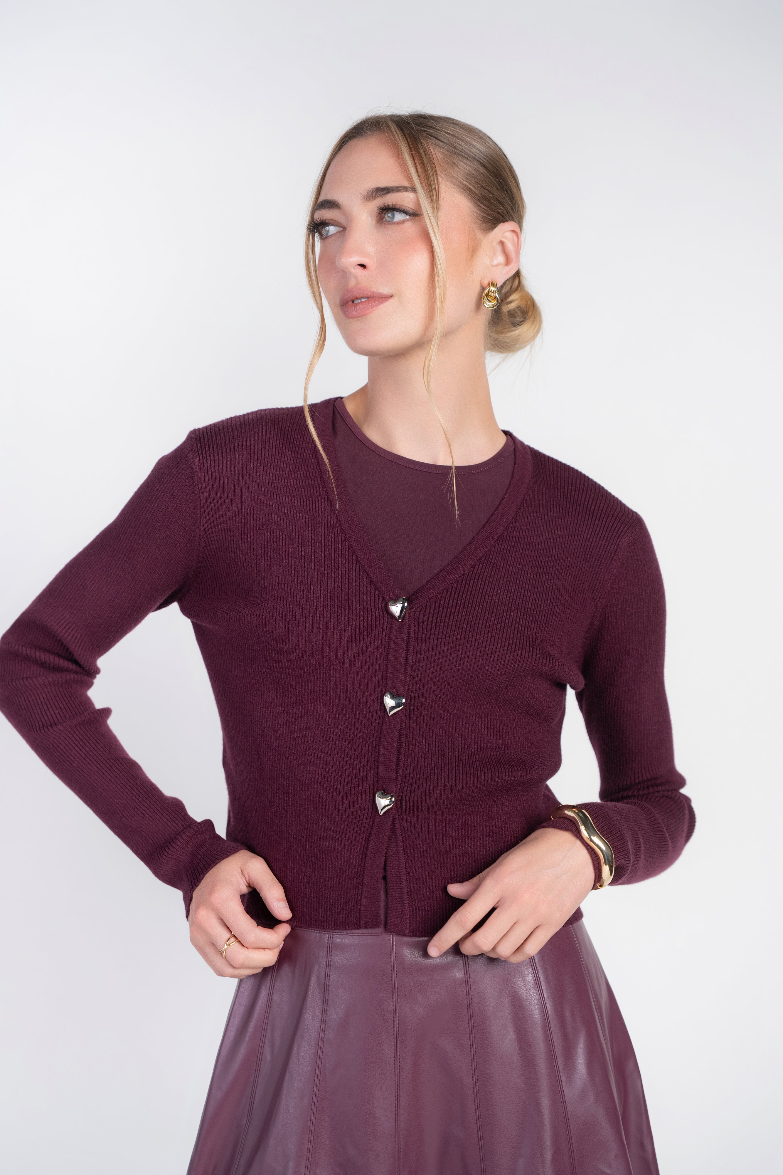 V-neck Cardi with Heart Buttons- Eggplant