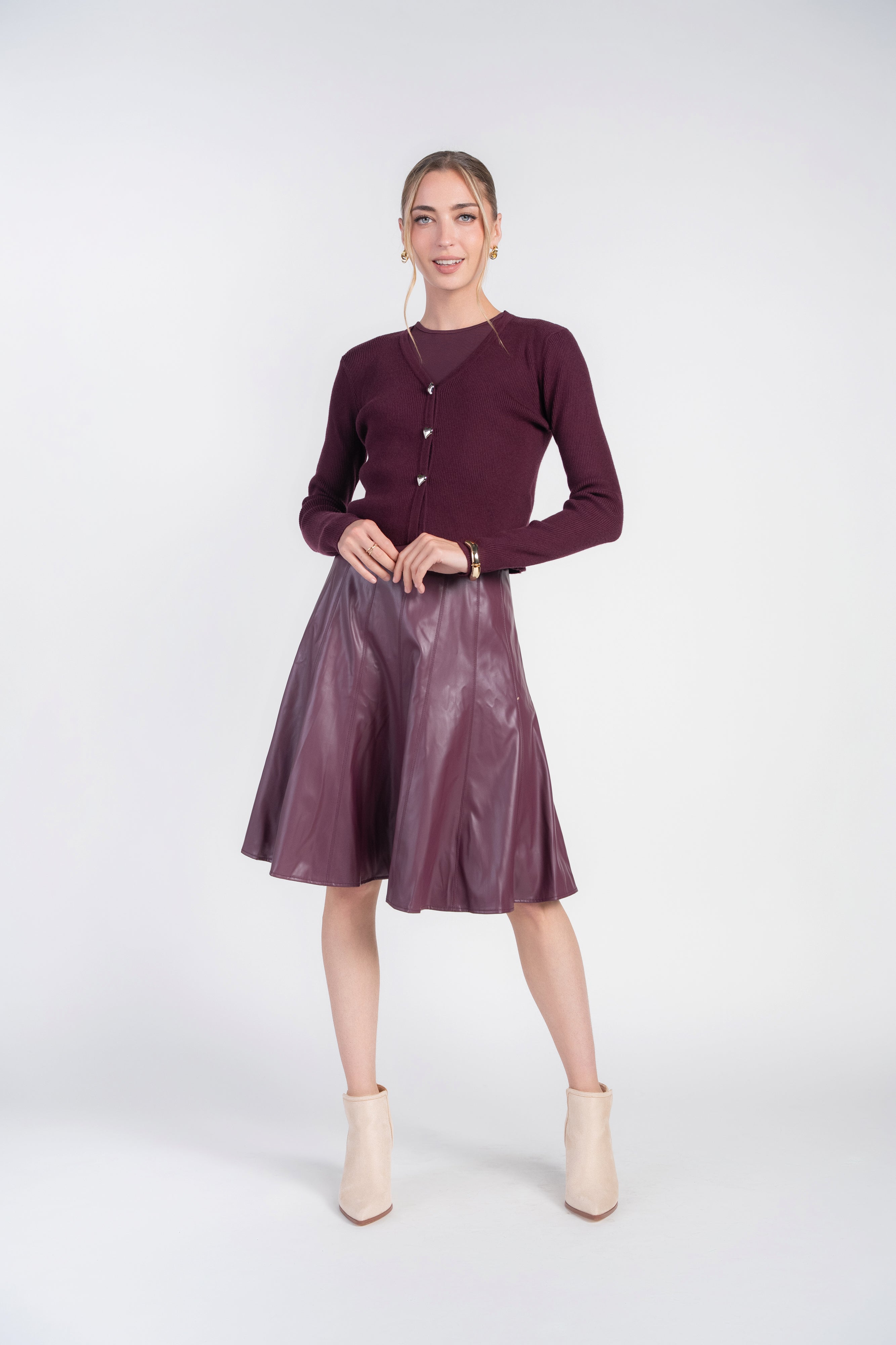 Paneled Flare Skirt- Leather Eggplant