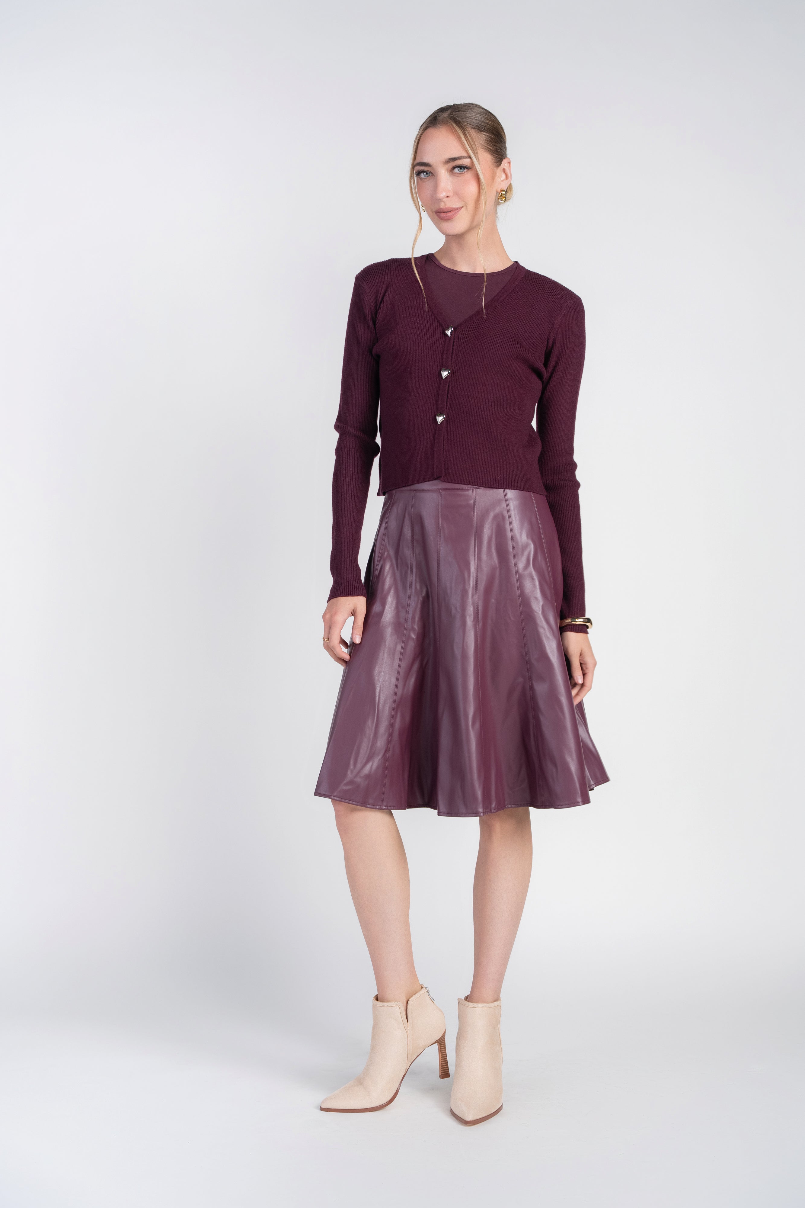 V-neck Cardi with Heart Buttons- Eggplant