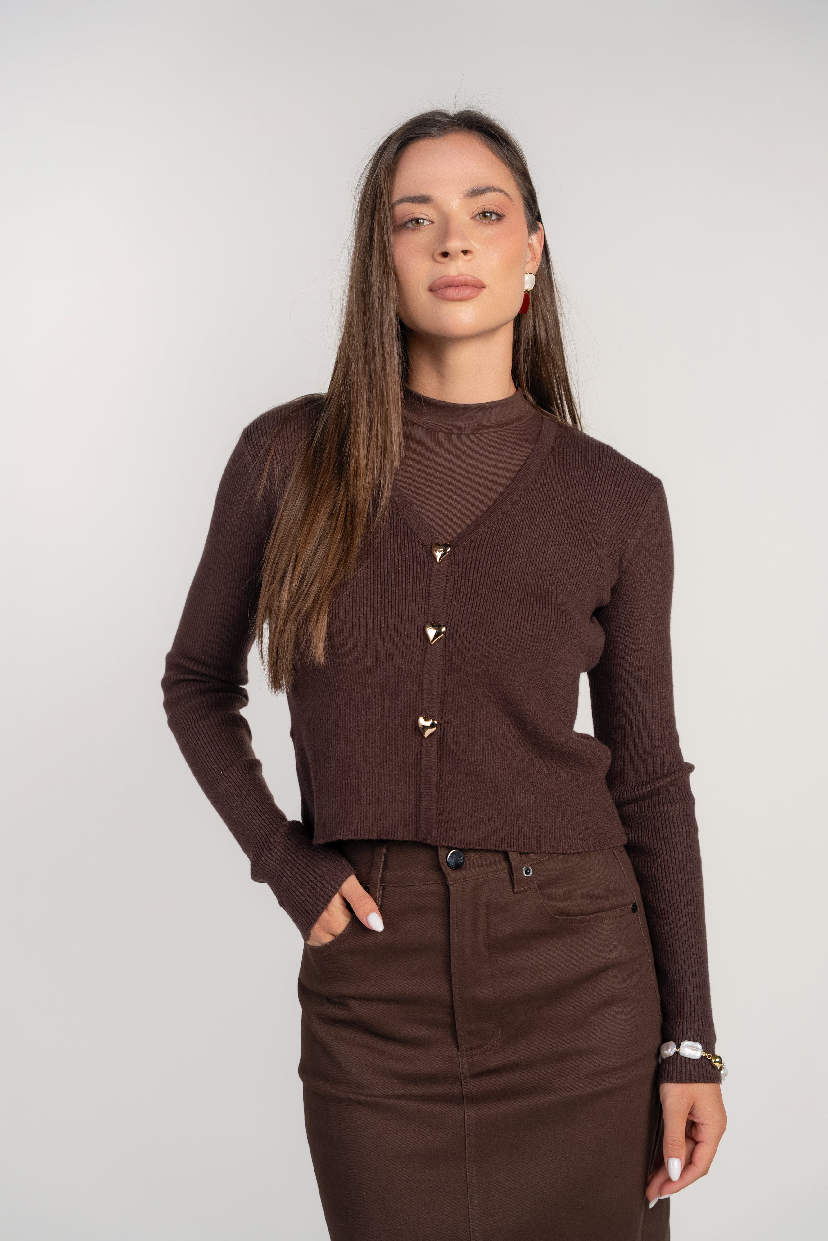 V-neck Cardi with Heart Buttons- Chocolate