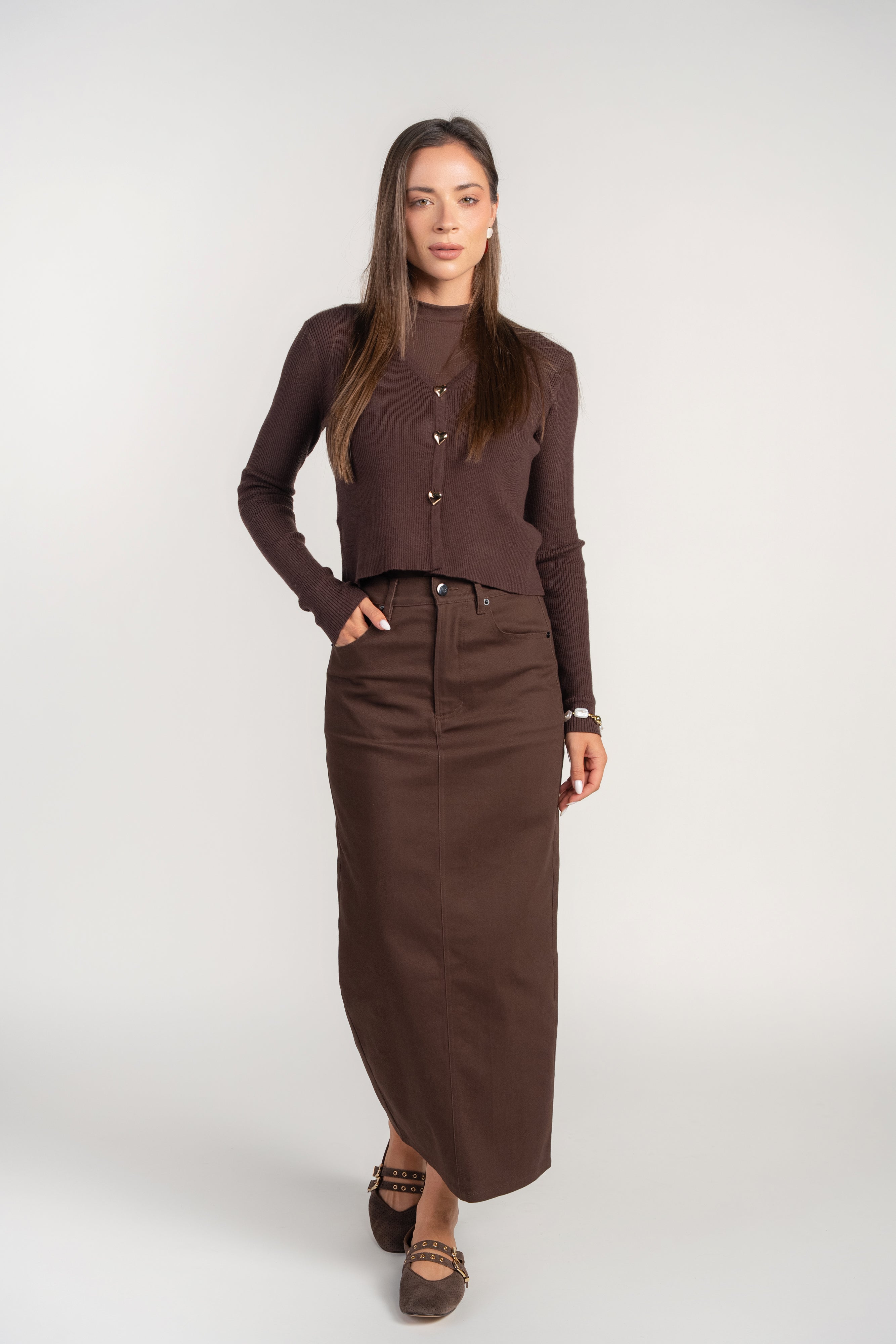 V-neck Cardi with Heart Buttons- Chocolate