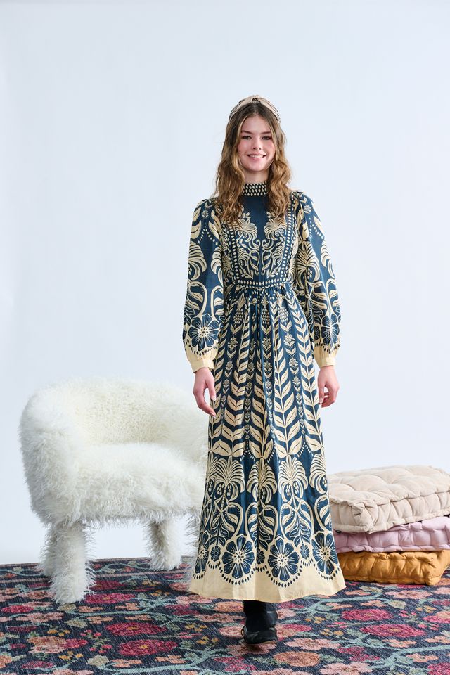 Steel Blue w/ Cream Floral Large Print Dress