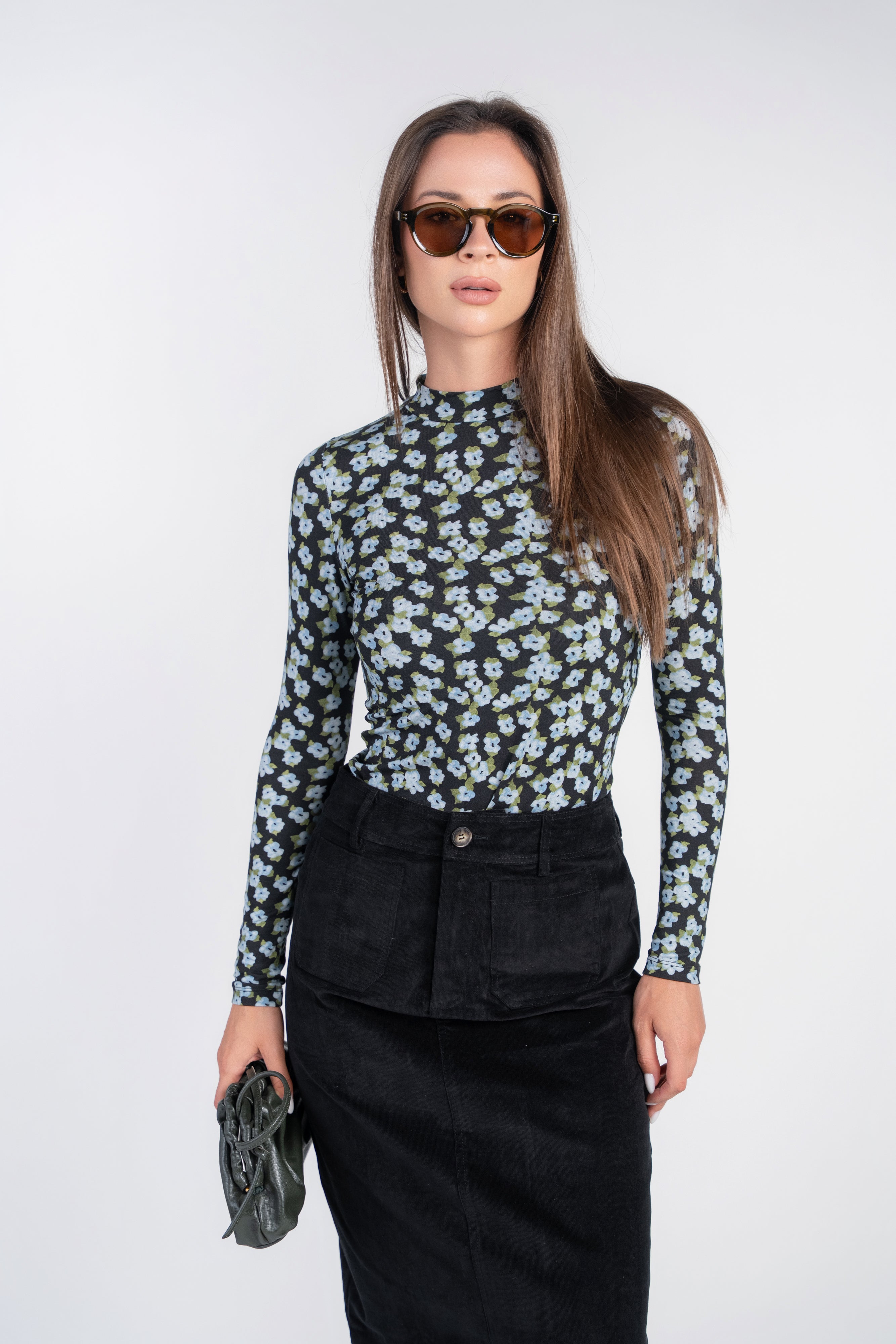 Printed Mock Neck- Blue Floral