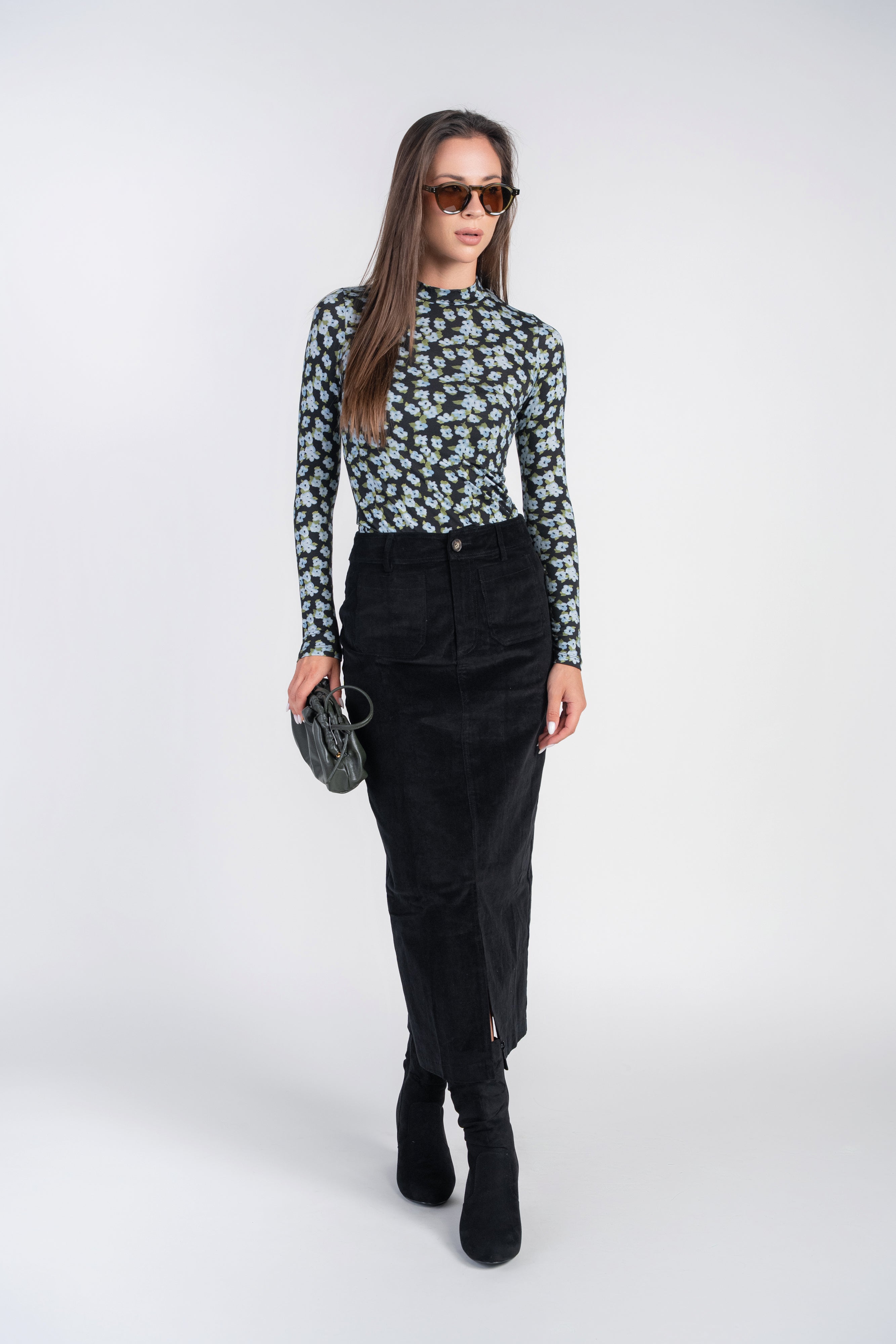 Pocket Midi Skirt- Black Corduroy