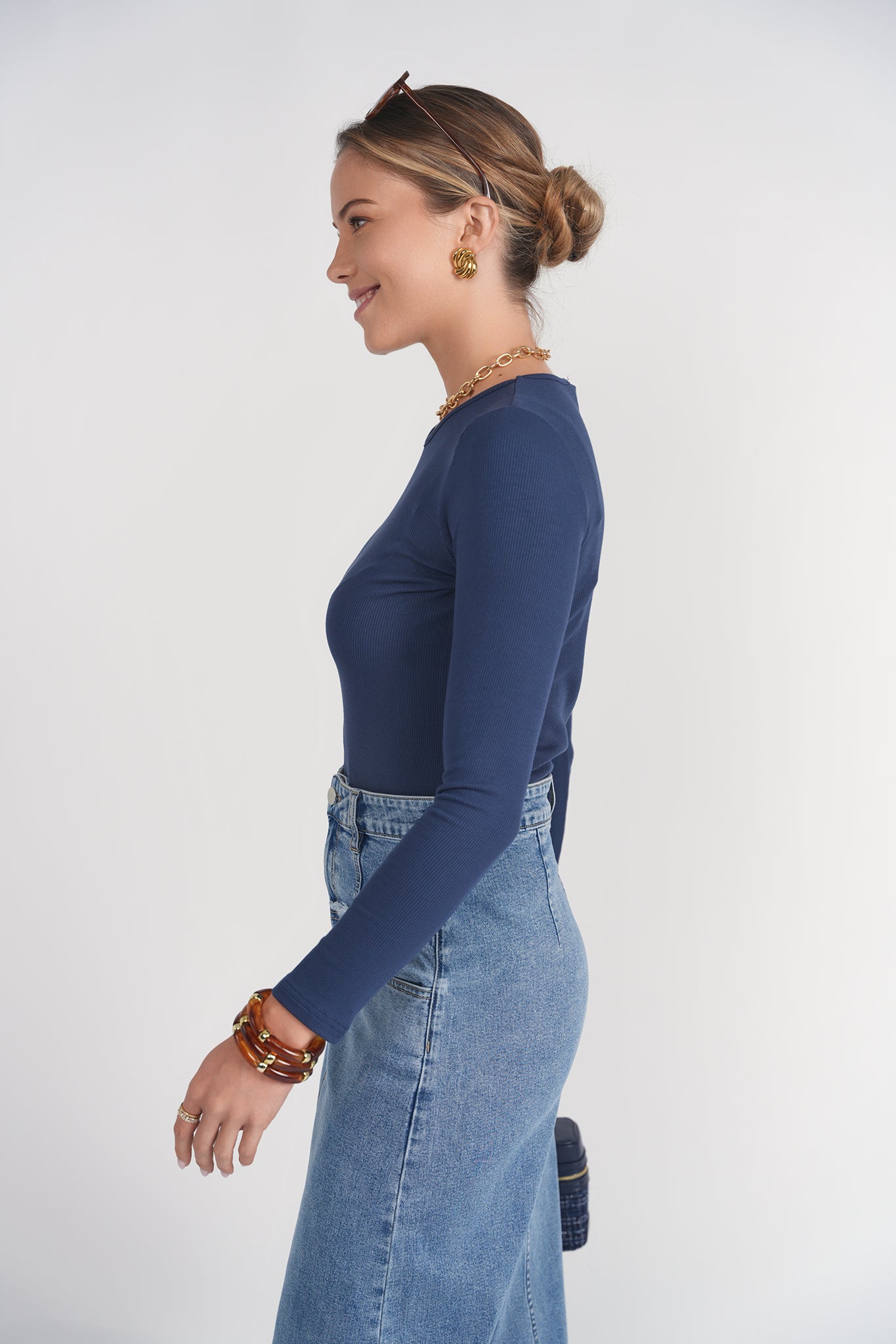 Long Sleeve Ribbed V Neck Tee- Faded Navy