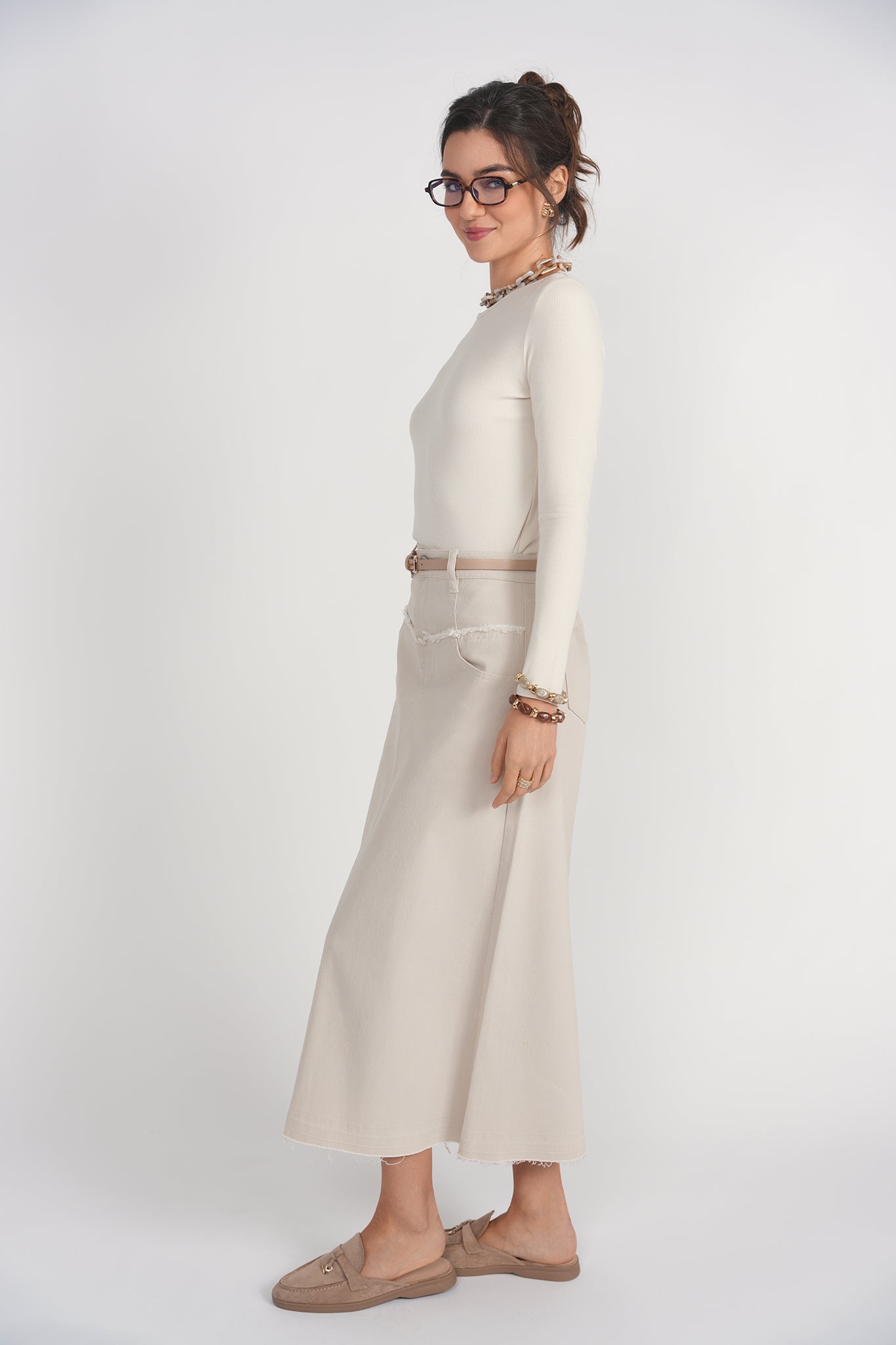 Fray Detail Denim Skirt- Stone