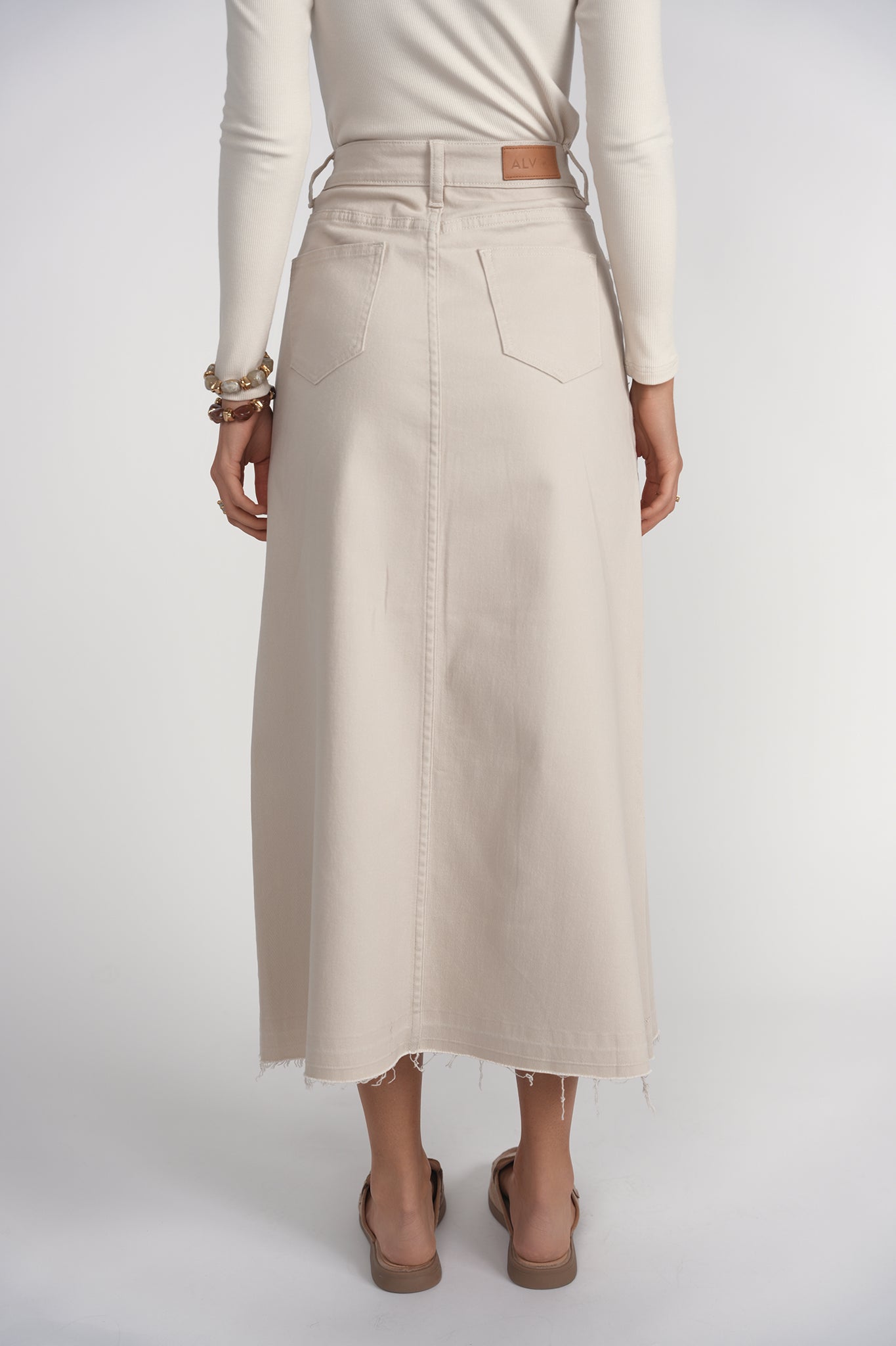 Fray Detail Denim Skirt- Stone