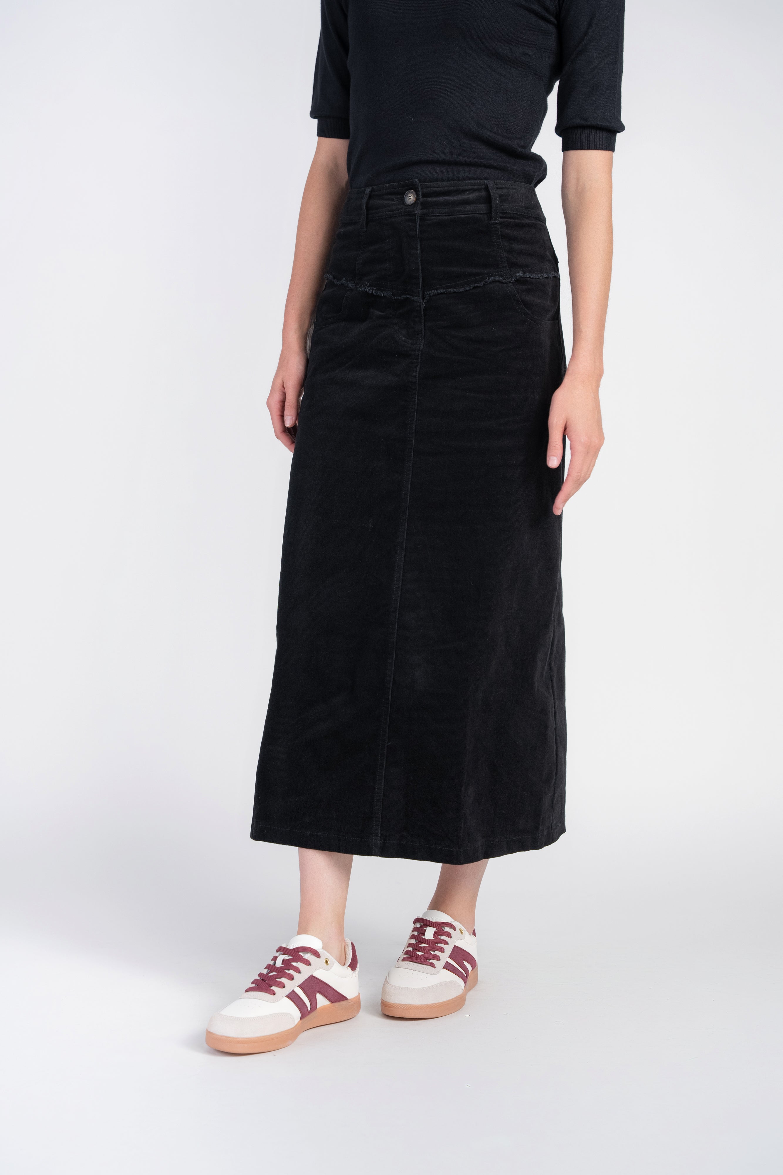 Fray Detail Corduroy Skirt- Black