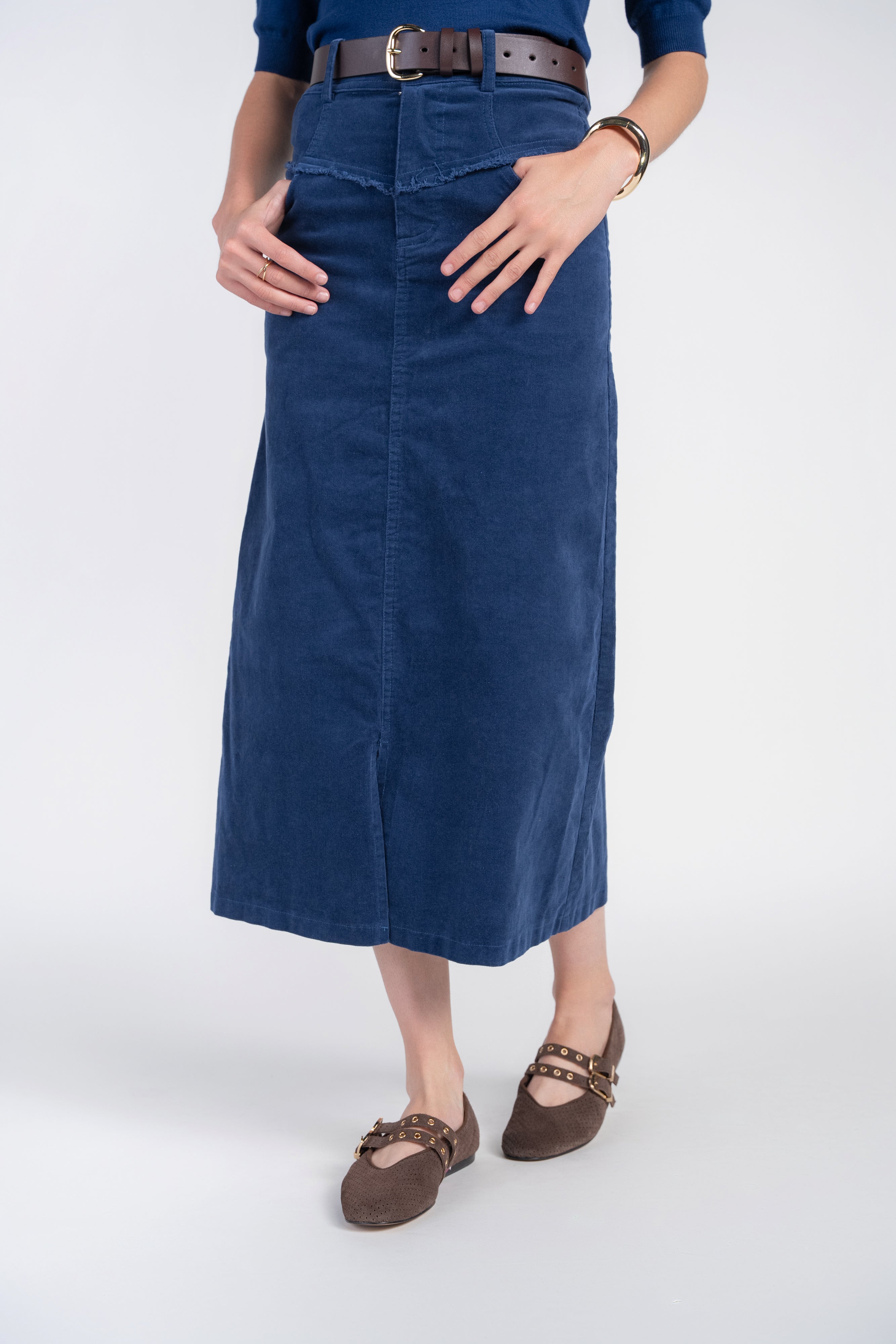 Fray Detail Corduroy Skirt- London Blue