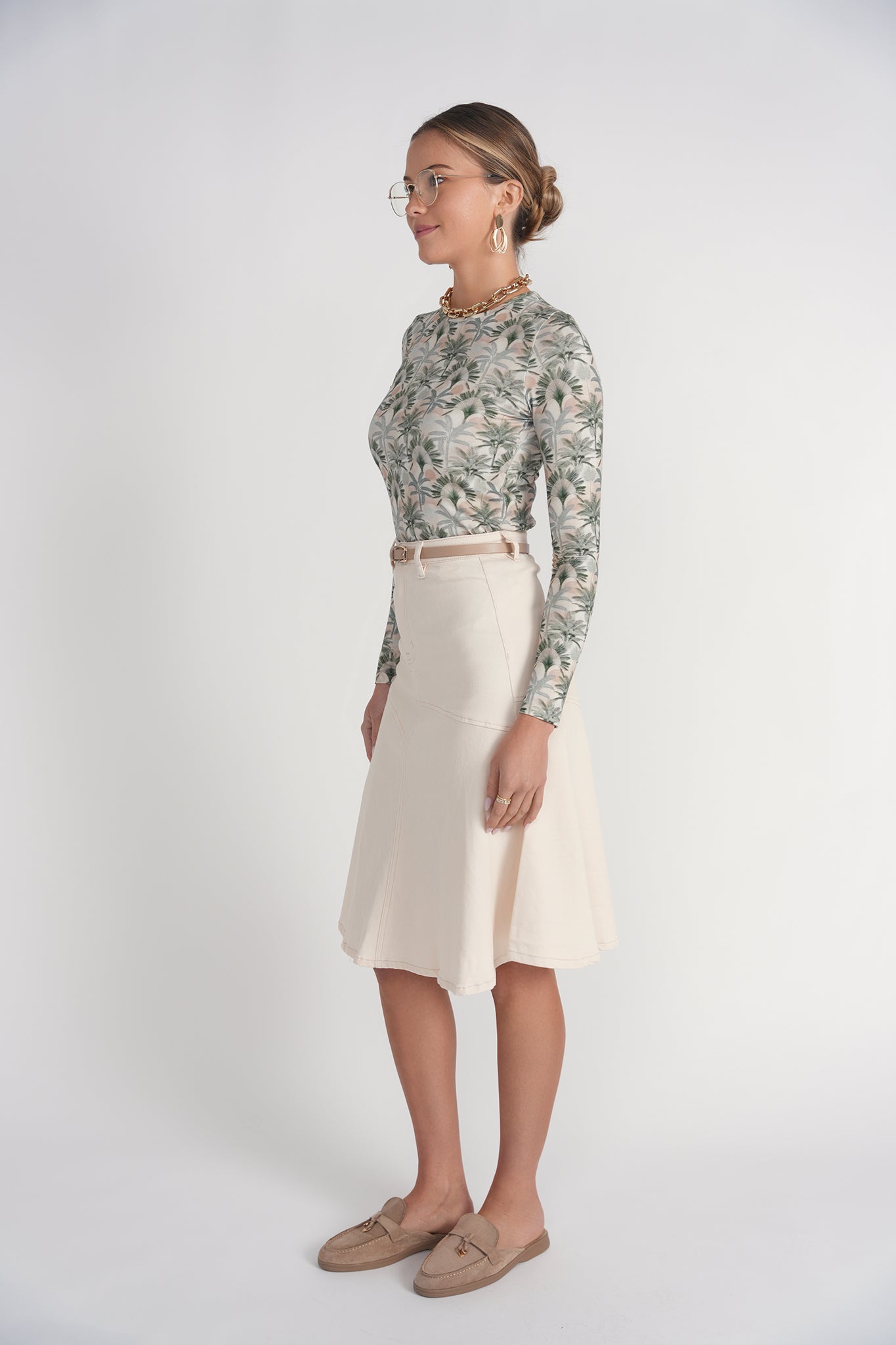 Drop Hem Denim Skirt 25”- Cream